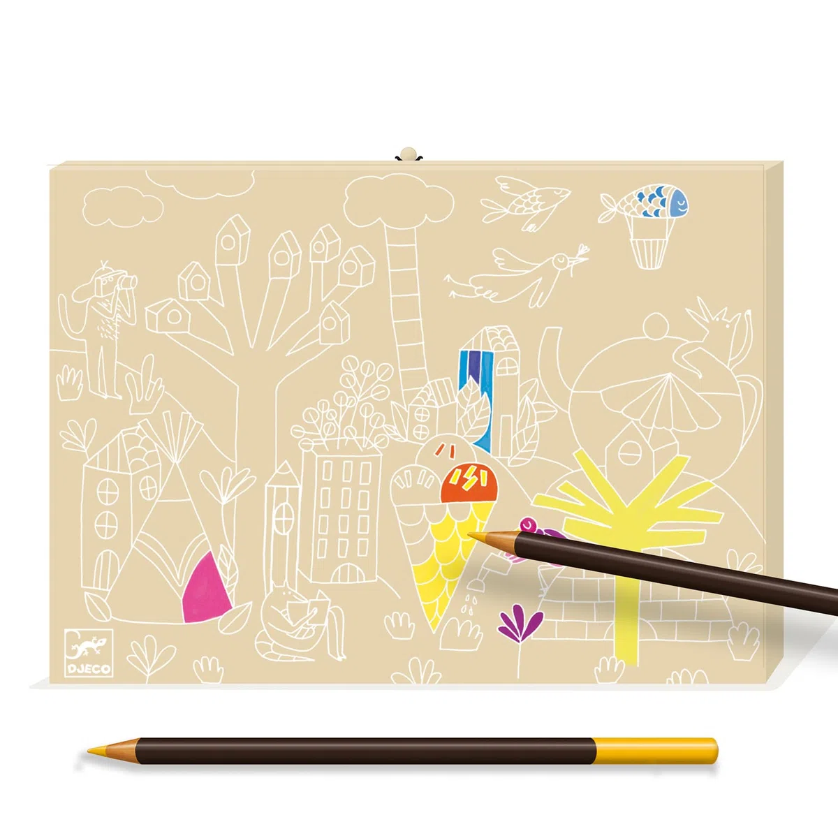 DJECO Boîte de Couleurs, dès 5 Ans - Contient Crayons, Feutres, Gouache, Pinceau, Gomme, Taille-Crayon - Stimule la Créativité - Mallette Art Portable et Personnalisable - Qualité Supérieure, EU