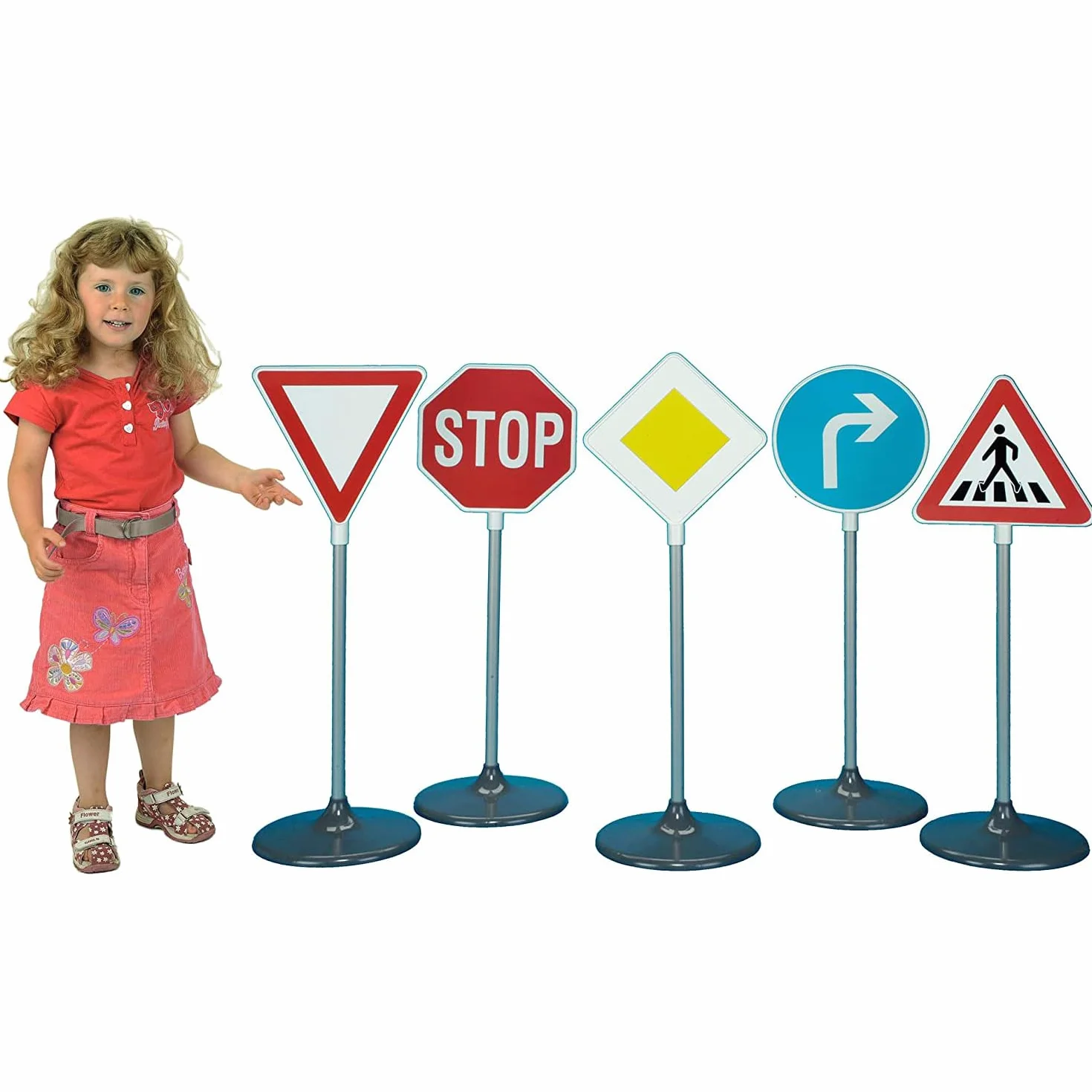 Theo Klein 2980 Set de 5 panneaux de signalisation I Pour initier les petits cyclistes à la sécurité routière I Hauteur des panneaux: env. 73 cm I Jouet pour enfants à partir de 3 ans