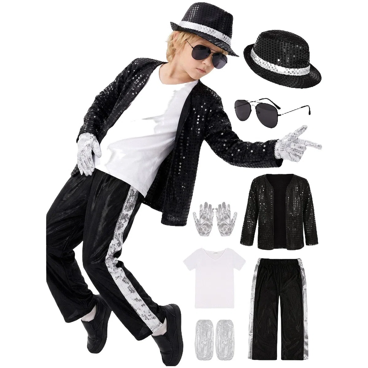 Générique Déguisement Chanteur Enfant Costume Garçons Halloween Costumes 80's mickeal jakson Star Cosplay Vêtements Stage Performance Dancewear Scène star musique enfant 5 pièces accessoires