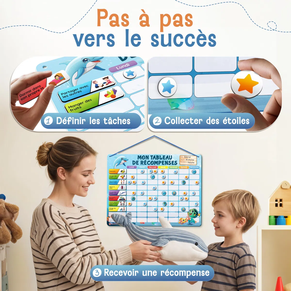 LIKARTO Tableau de Récompenses pour Enfants - Tableau magnétique avec de Nombreuses tâches et 280 aimants - Encourager Les Bons comportements - Calendrier Éducatif pour Enfant - Bleu