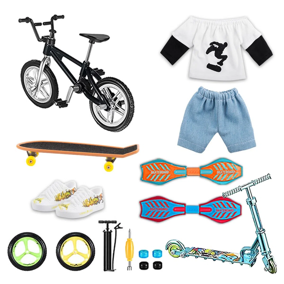 Namvo Mini Finger Skateboard Set, Mini Finger Bike, Finger Scooter, Finger Pants, Chariot, Accessoires de Scooter, Cadeau Créatif pour Les Amateurs de Skateboard