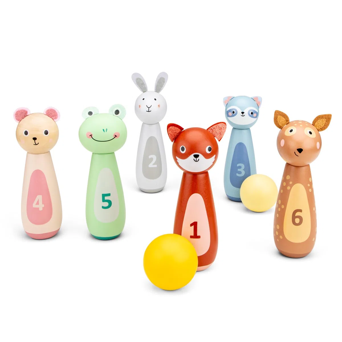 Woet® Jouet Bowling en Bois pour Enfants – Set avec 6 Quilles Animaux et 2 Boules – Jeu Intérieur Coloré pour Développement de la Motricité – À Partir de 3 Ans – Cadeau Filles et Garçons