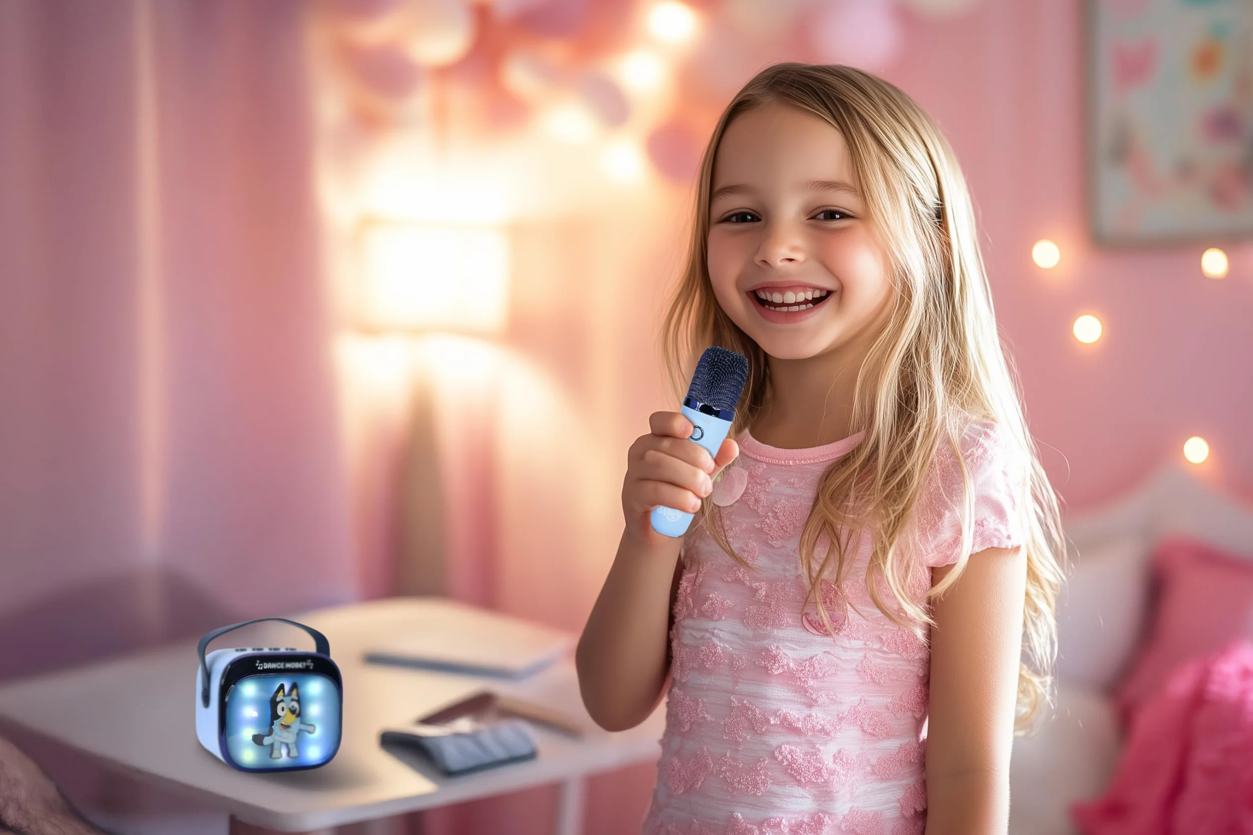 Bluey Mini Haut-Parleur de karaoké LED sans Fil avec Microphone Bluetooth, lumières changeantes de Couleur Bleue