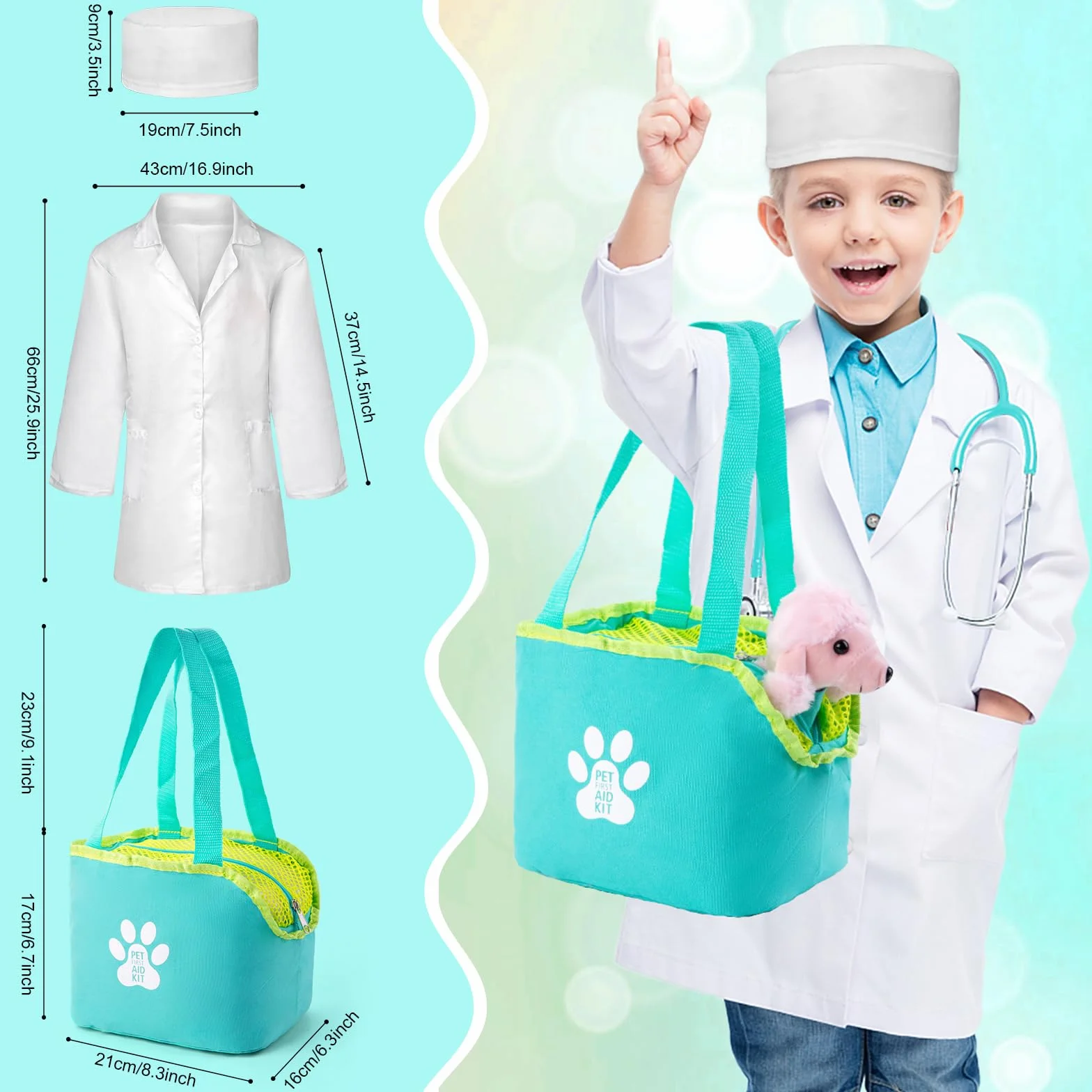 Sundaymot Malette Docteur Enfant, Veterinaire Enfant avec Peluche Chien, stéthoscope factice, thermomètre, Blouse de médecin et Sac de médecin Portable, Adapté Jouet Éducatif 3 Ans et Plus