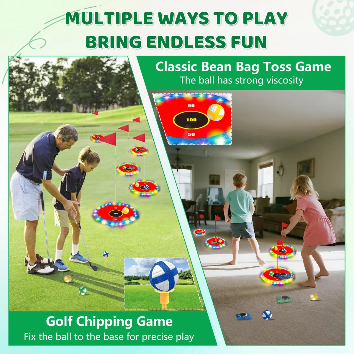 TERRAMUS Kit de golf lumineux 2 en 1 pour enfants, 16 balles, 2 raquettes, 6 cibles éclairées, pour l'intérieur et l'extérieur, cadeau de 3 à 8 ans