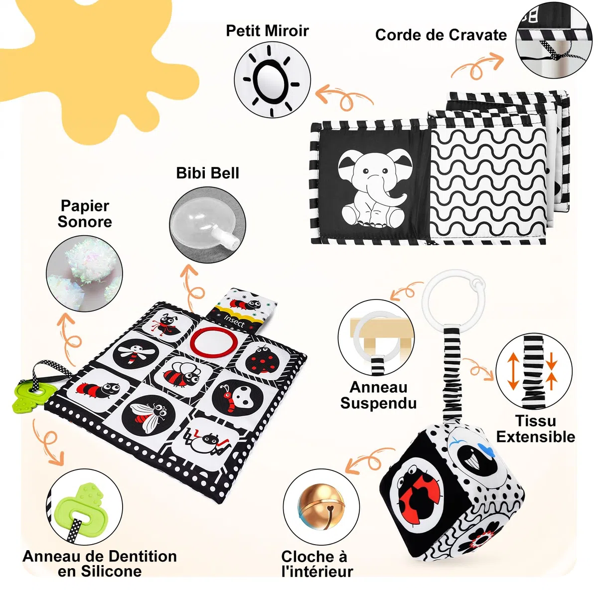 HappyKidsClub Jouet Livre Tissu Montessori Bébé Eveil 0-12 Mois Carte Noir et Blanc Bébé Cadeau Naissance Fille Garcon Jouet Sensoriel Hochet Bebe
