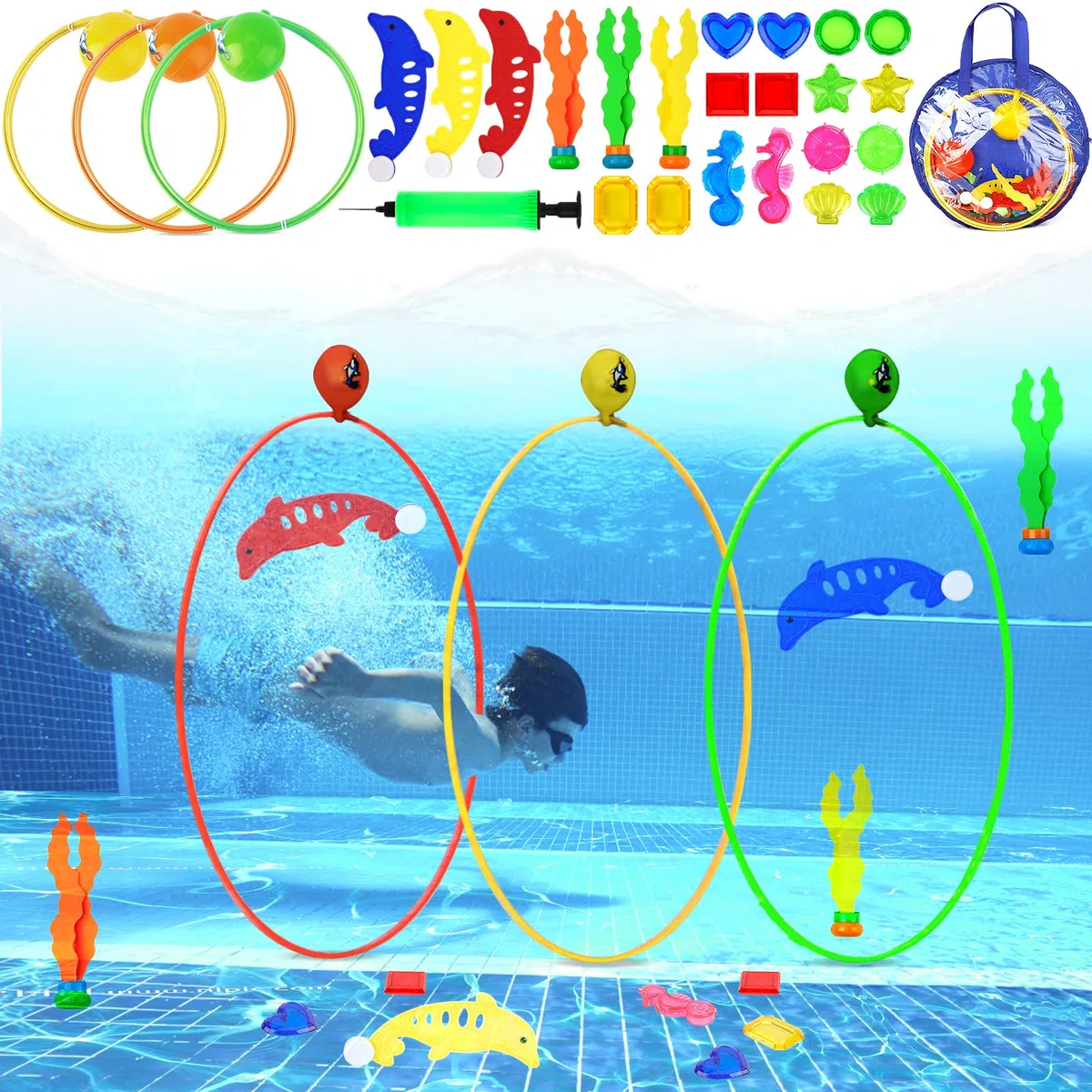 27pcs Jouets de Plongée,Jeux Piscine Enfant,Jouet sous Eau Été Jeux inclure 3 Anneaux de Plongée,Dauphin,Sac de Rangement,Algues,Jeu Piscine Cadeaux Garçon Fille 5-12 Ans Jeux sous Marins