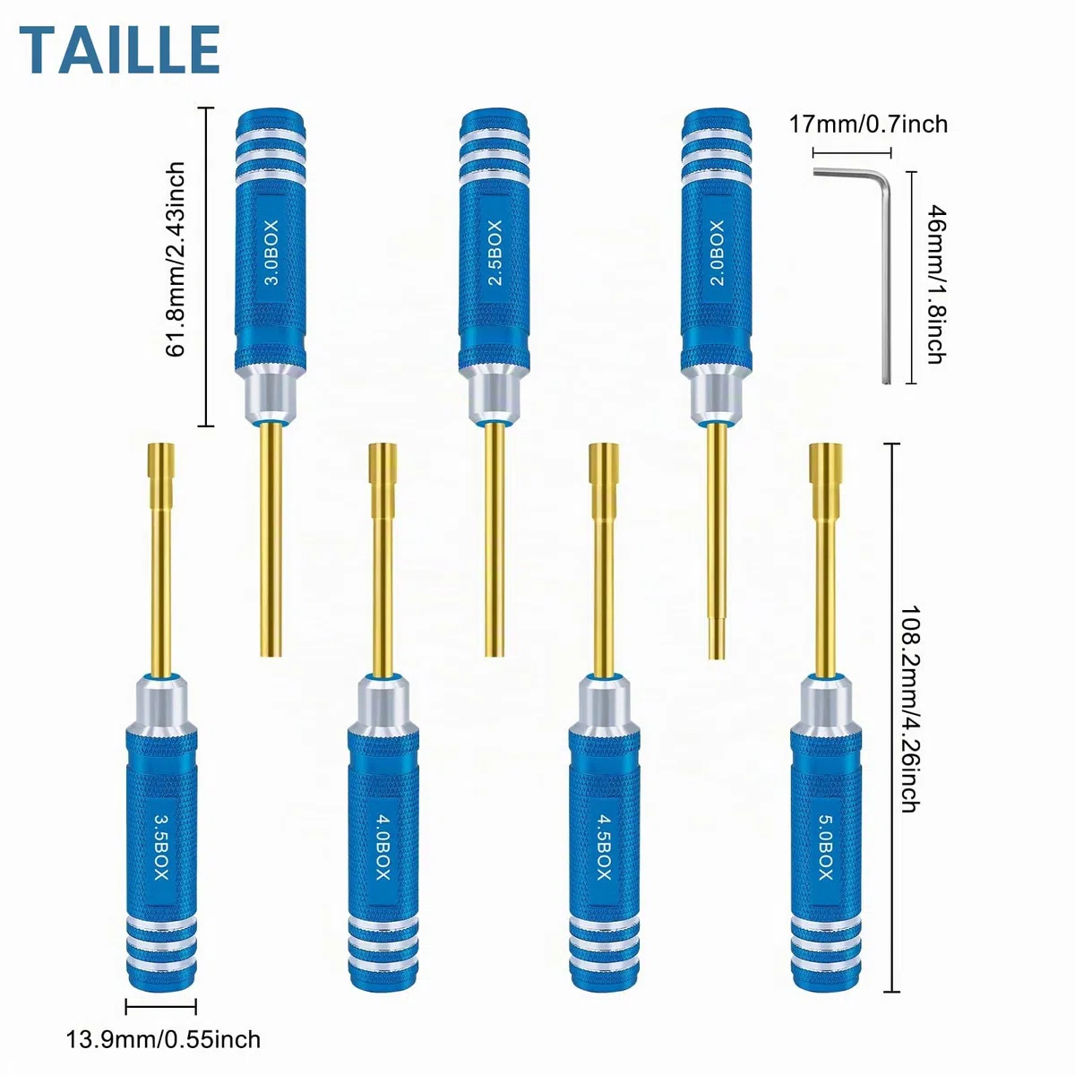 Lot de 7 tournevis hexagonaux 2,0 mm 2,5 mm 3,0 mm 3,5 mm 4,0 mm 4,5 mm 5,0 mm kit d'outils de tournevis pour fixation roue Axial SCX24 pour modèles radiocommandés voitures bateaux hélicoptères bleu