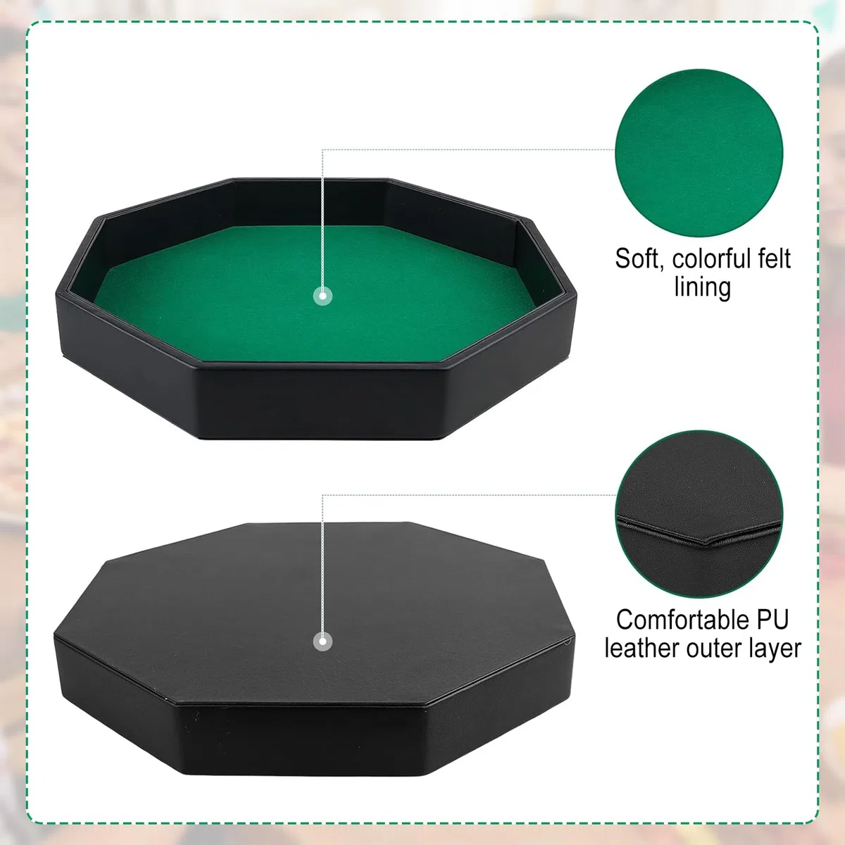 Plateau à dés, tapis à dés avec support en feutre, Dice Rolling Tray, plateau à dés octogonal doublé de feutre en cuir PU, plateau à dés pour jeux Dungeon Crawler (vert)