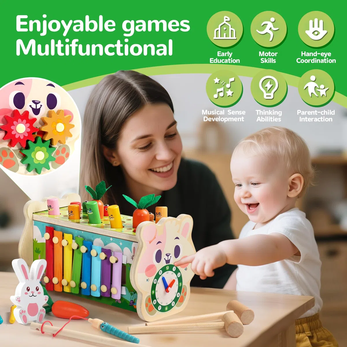 Fajiabao Jouet Bebe 1 an Montessori- 7 en 1 Jeux en Bois Educatif Jouet Enfant 1 an Jeu Marteau et Xylophone Bebe, Cueillir Les Navets, Cadeau Enfant 1 2 3 Ans Garcon Fille Anniversaire