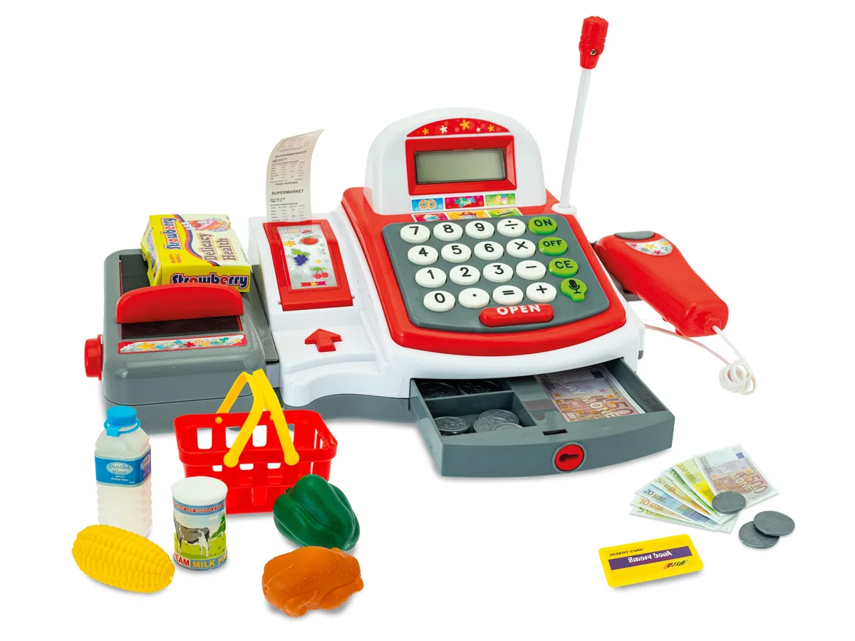 Teorema Giocattoli, Caisse Jouet pour Enfants, enregistreur de Caisse Jouet avec Scanner, lumières et Sons, Calculatrice Vera, reçu extractible et Accessoires supermarché Inclus