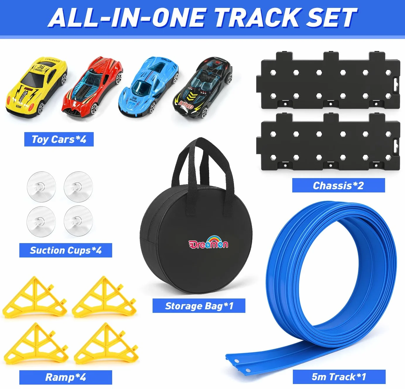 Dreamon Circuit Voiture Enfant Jouet 3 4 5 6 Ans 5M Circuit Flexible Voiture Enfant avec Petites Voitures Rampe Sac de Rangement Ventouse Cadeau pour Garçons Filles