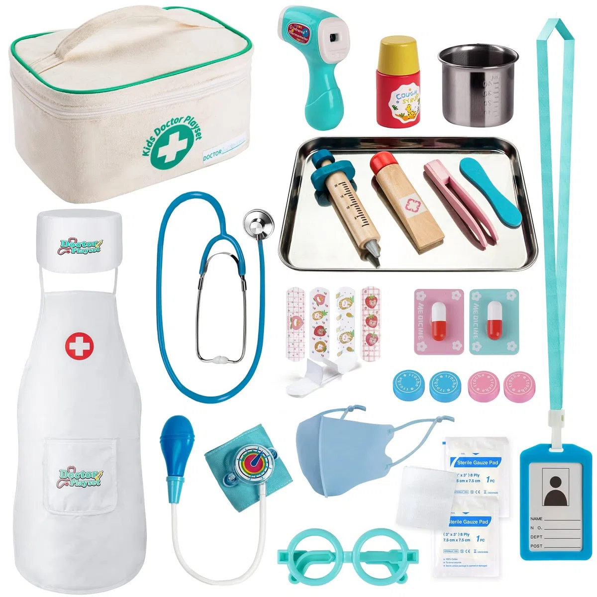 EFO SHM Malette Docteur Enfant - avec stéthoscope, seringue, Thermomètre Infrarouge et Beaucoup d’Autres Accessoires en Bois, Jouet d'Imitation dès 3 Ans