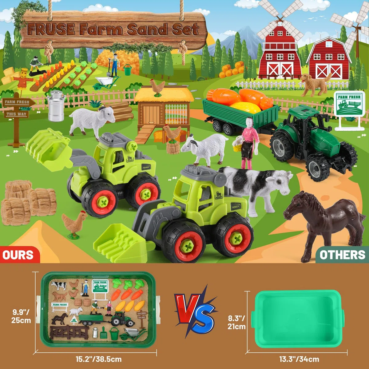 FRUSE Sable Jouet Magique pour Animaux de la Ferme,Jouets Sensoriels avec 1 KG Sable Sensoriels,Figurines Animaux,et Tracteur Jouet,Bac a Sable avec Couvercle,Sable Jouet pour Enfant de 3 à 8 ans