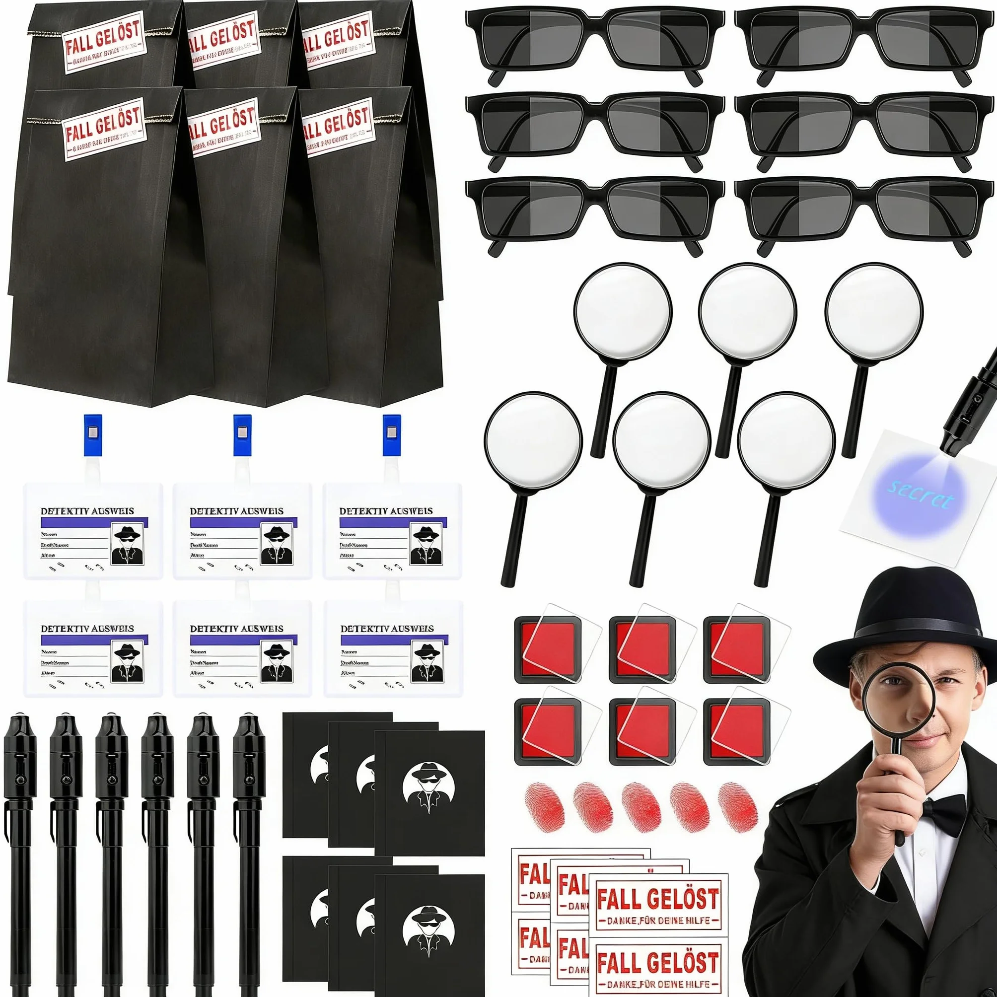SelfTek 48 PCS Détective Pinata Anniversaire, Kit Espion Enfant avec Lunettes D'agent, Stylo Secret, Carnet De Notes, Loupe, Carte De Détection, Cadeaux De Jeu De Détective