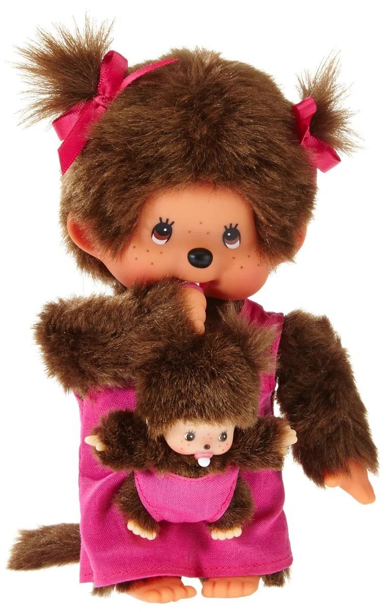 Sekiguchi 236200 - Original Monchhichi mère avec bébé, en Peluche Marron, avec Robe Rose et Noeud dans Les Cheveux, env. 20 cm