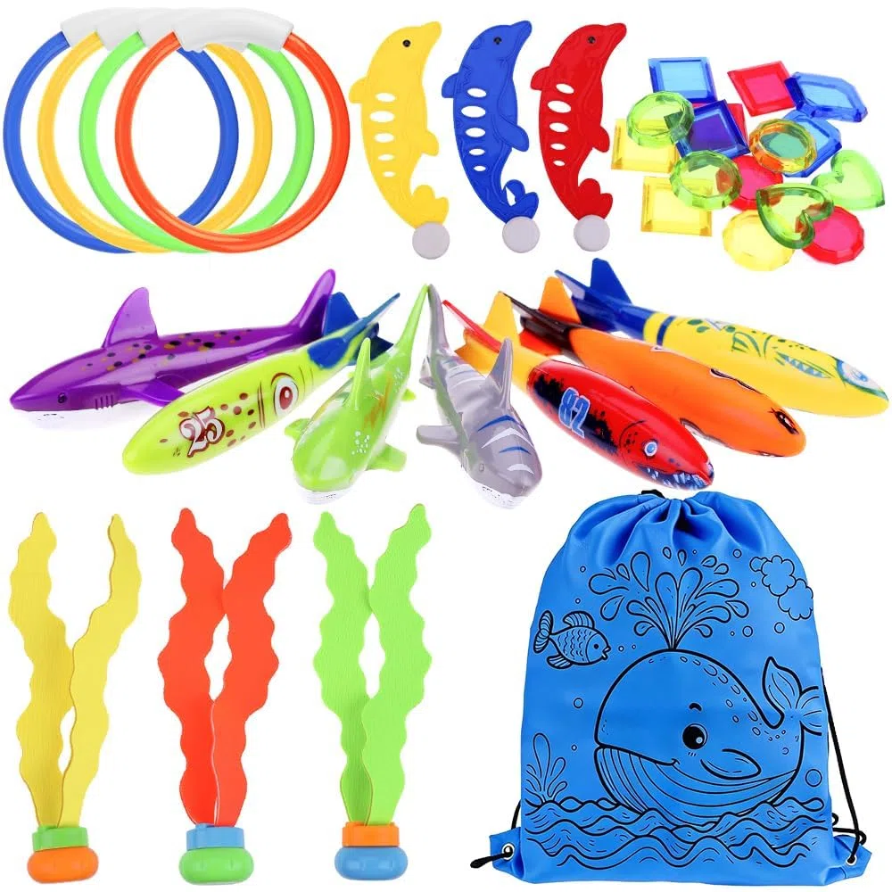 faburo 34pcs Jouets de Plongée, Jouets de Piscine pour Enfants 5-12 Ans, Anneau de Plongée sous-Marine, Ensemble de Jouets de Plongée avec Anneaux de Plongée & Dauphins & Herbes Marines etc