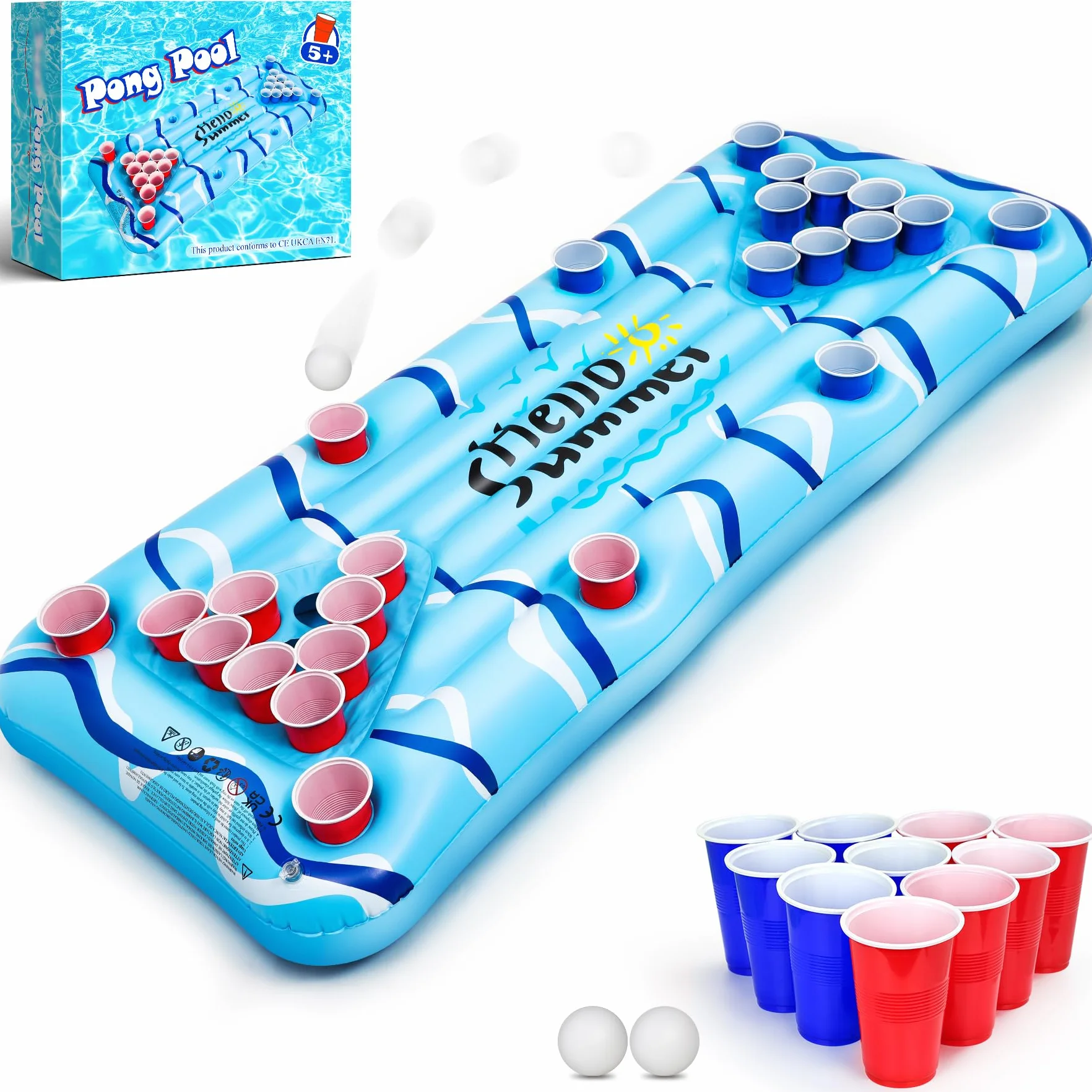 Jeux Piscine Pong Flottant 150×75 cm - Matelas Gonflable pour Piscine Adulte avec Porte-Gobelets, Piscines Gonflables Accessoires Incluant 24 Gobelets et 2 Balles, Divertissement Aquatique