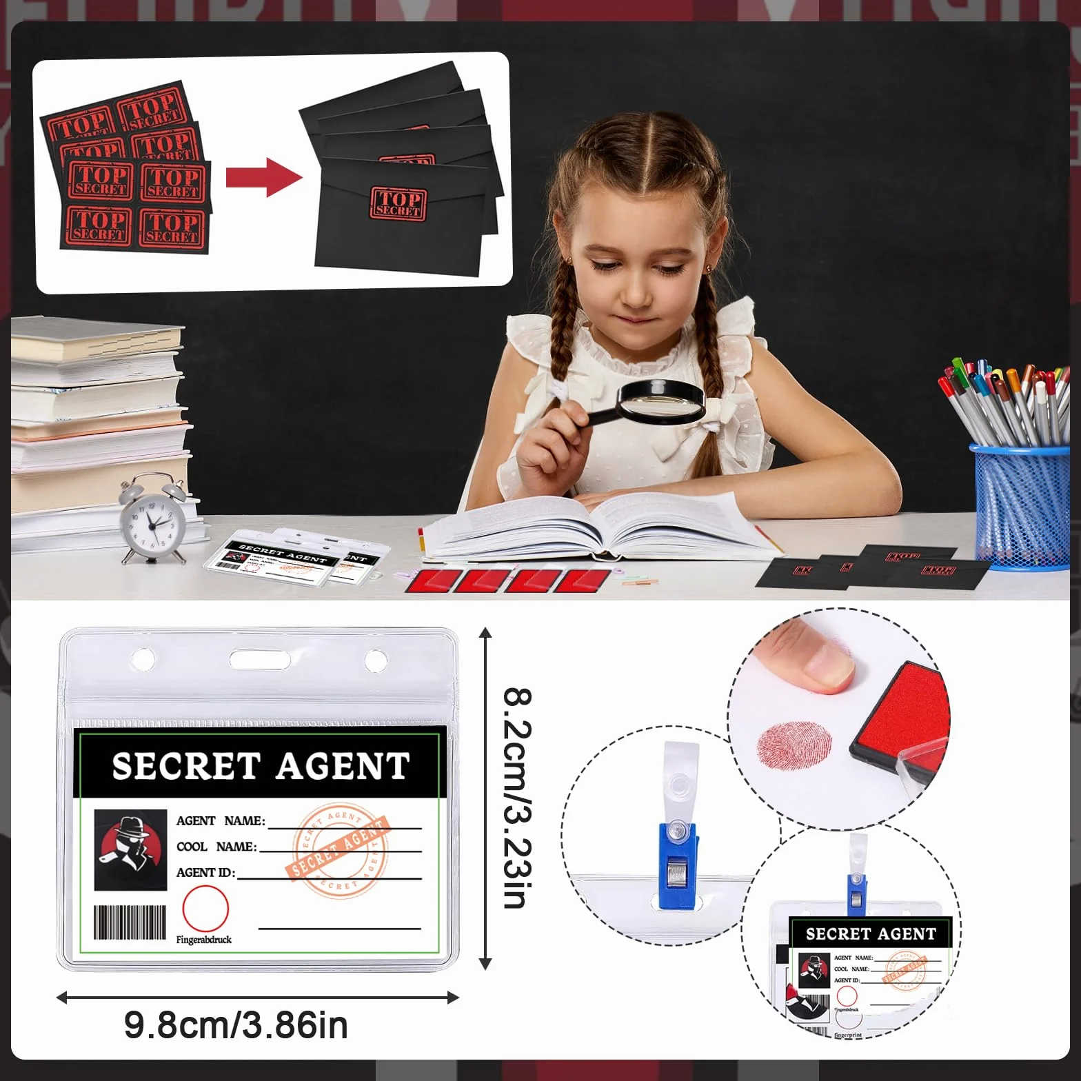 48 Pièces Kit Détective Enfant,avec Stylo UV,carnet de Notes, loupes Jouets,Carte d'identité de détective avec Clip, Tampon encreur d'empreintes digitales