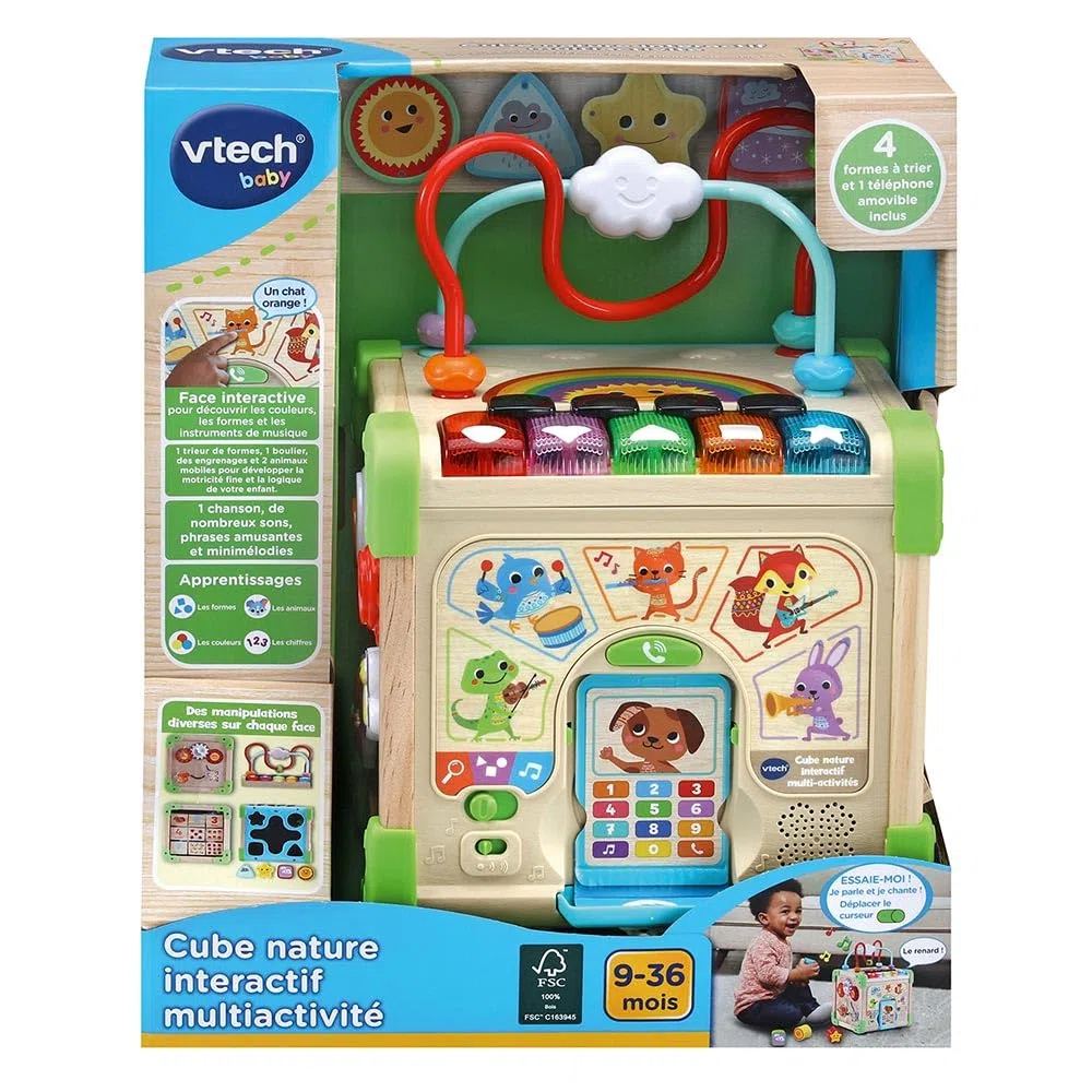 VTech - Cube Nature Interactif Multi Activité, Cube d’Activités Bébé, Jouet d'Éveil Sensoriel Partiellement en Bois, Trieur de Formes, Piano Lumineux, Cadeau Bébé Dès 9 Mois - Contenu en Français