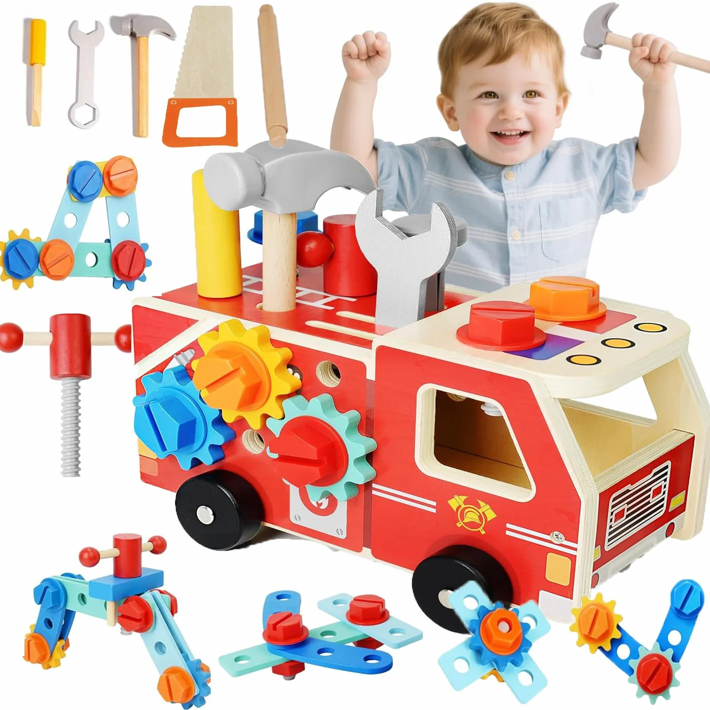 Jeu d'Outils en Bois pour Enfants, Camion de Pompier 4 en 1 Transformable en Établi avec Boîte à Outils, Jouets Montessori d'Imitation et de Bricolage, Cadeau Éducatif pour Garçons et Filles de 3+ Ans