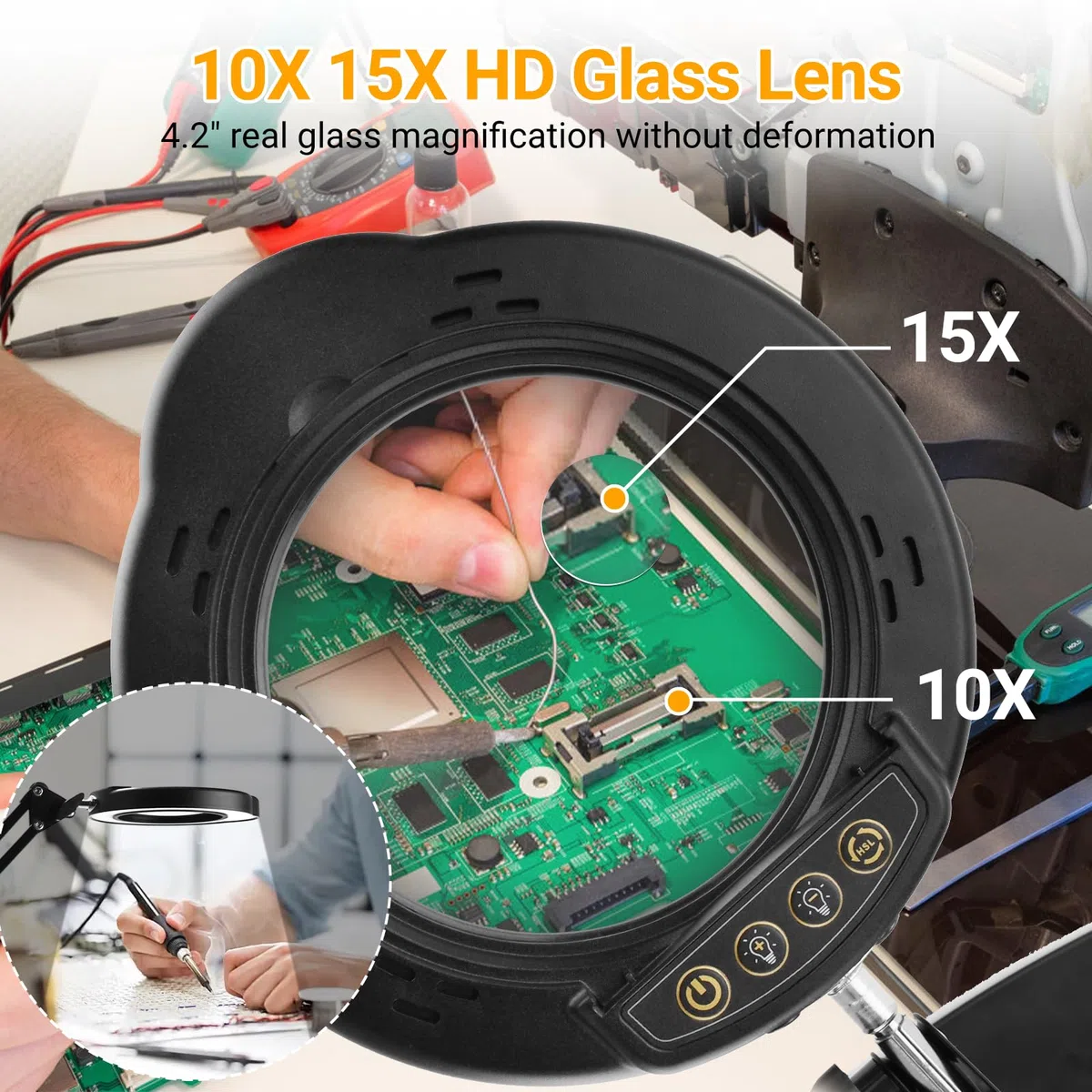 Lampe Loupe 10-15X avec Pince,Loupe Multifonctionnelle,Lampe De Table Led à Intensité Variable avec 5 Modes De Couleur,9 Niveaux De Luminosité pour Les RéParations,L'artisanat,Le Travail de Près