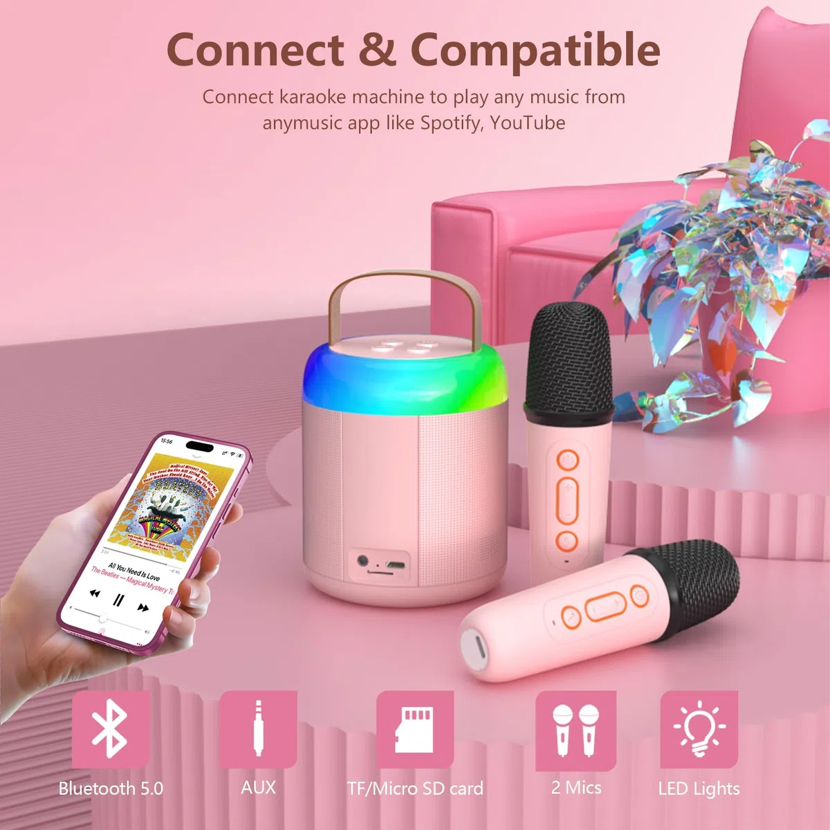 Micro Karaoke Enfants avec 2 Micro sans Fil, Micro Karaoke sans Fil Portables pour Filles avec Lumières De Fête LED Jouet Filles, Cadeau Anniversaire pour Enfants De 3 à 18 Ans（Pink）