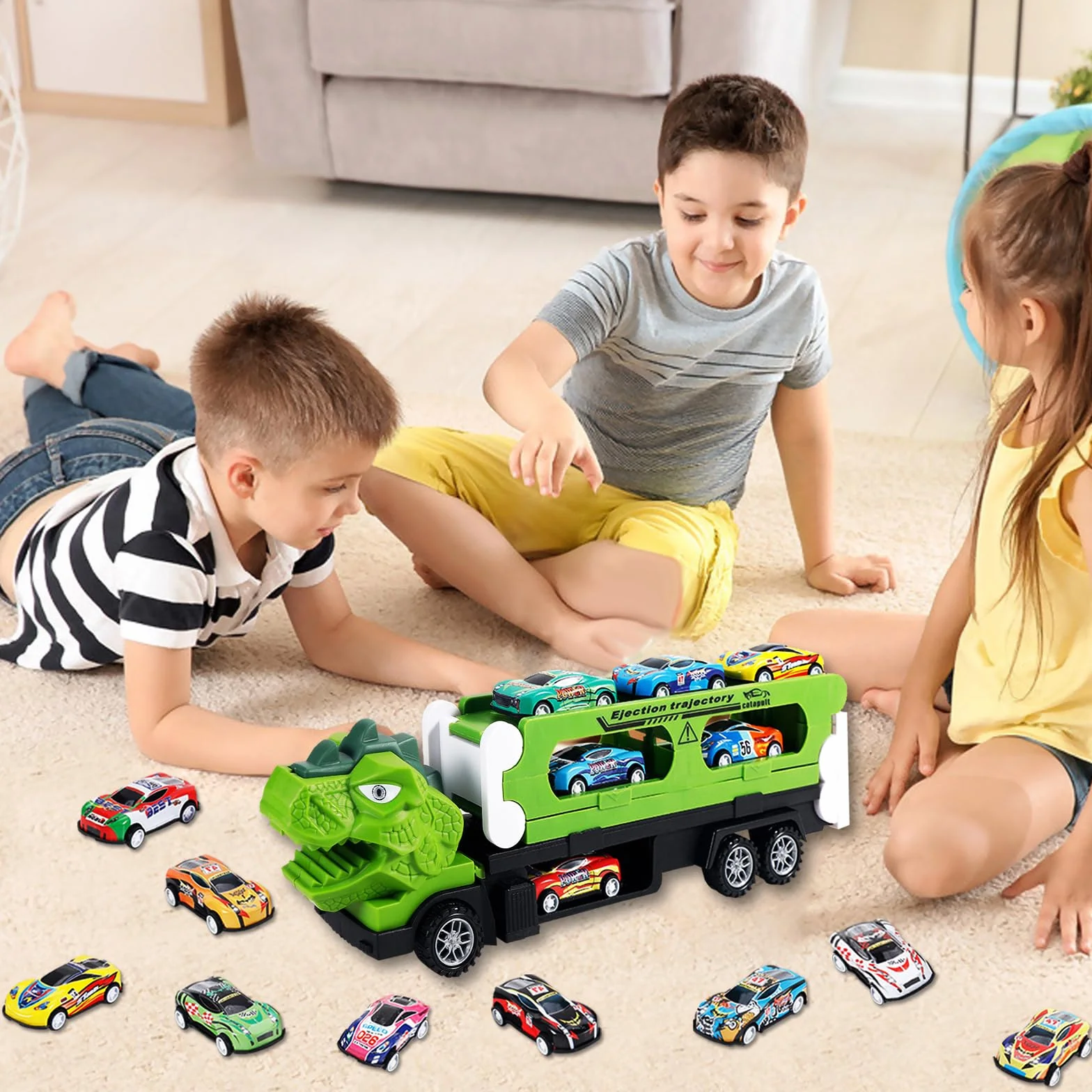 Kit de transport dinosaure 2 en 1 avec 12 voitures jouets en métal, circuit de course portable pour enfants, camion de transport et circuit de course, cadeau pour garçons de 3 à 8 ans