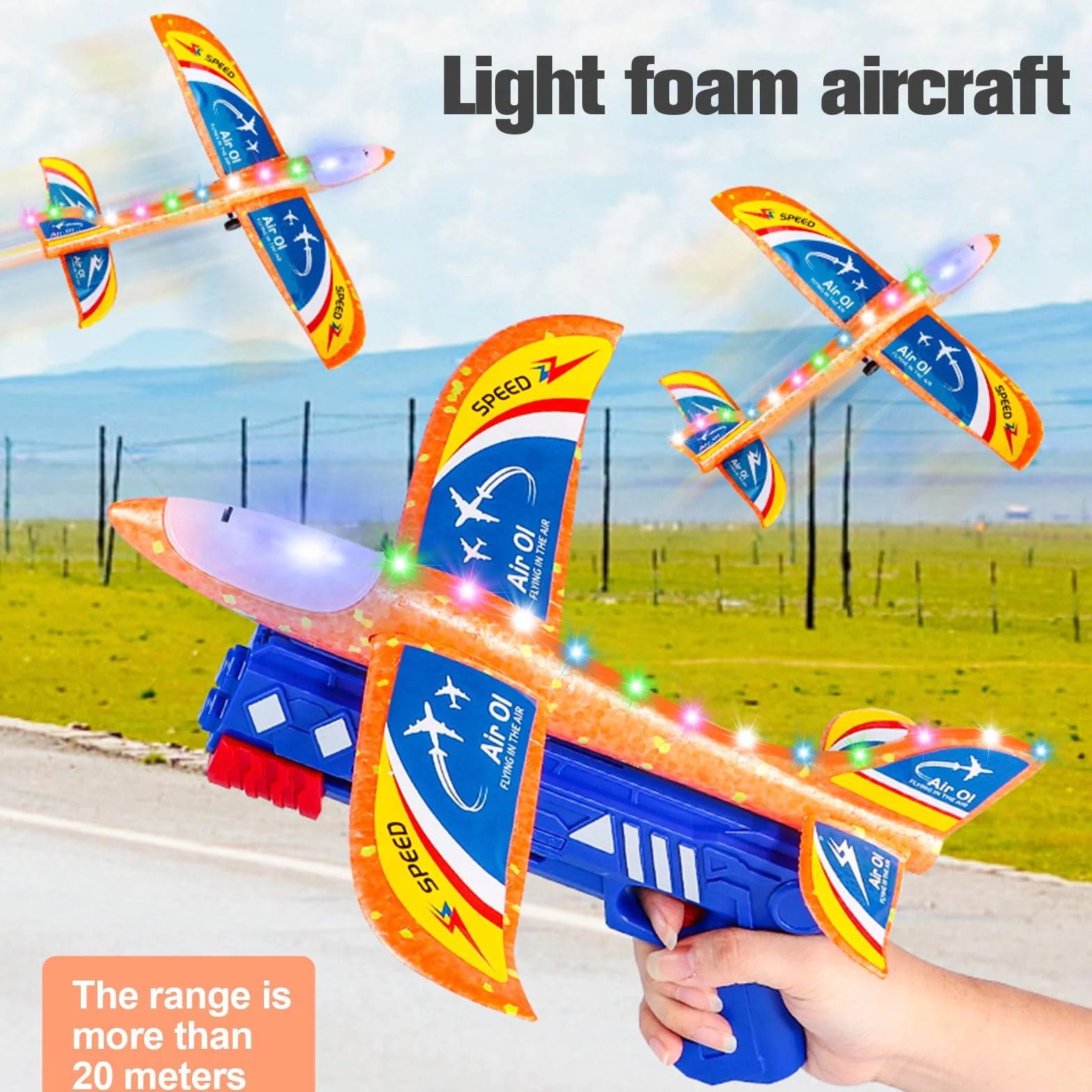 Avion Planeur en Polystyrène avec Pistolet Catapulte LED - 3 Avions Jouets Volants pour Enfants 3-10 Ans, Jeux de Lancer Extérieur Cadeau Anniversaire Garçon Fille