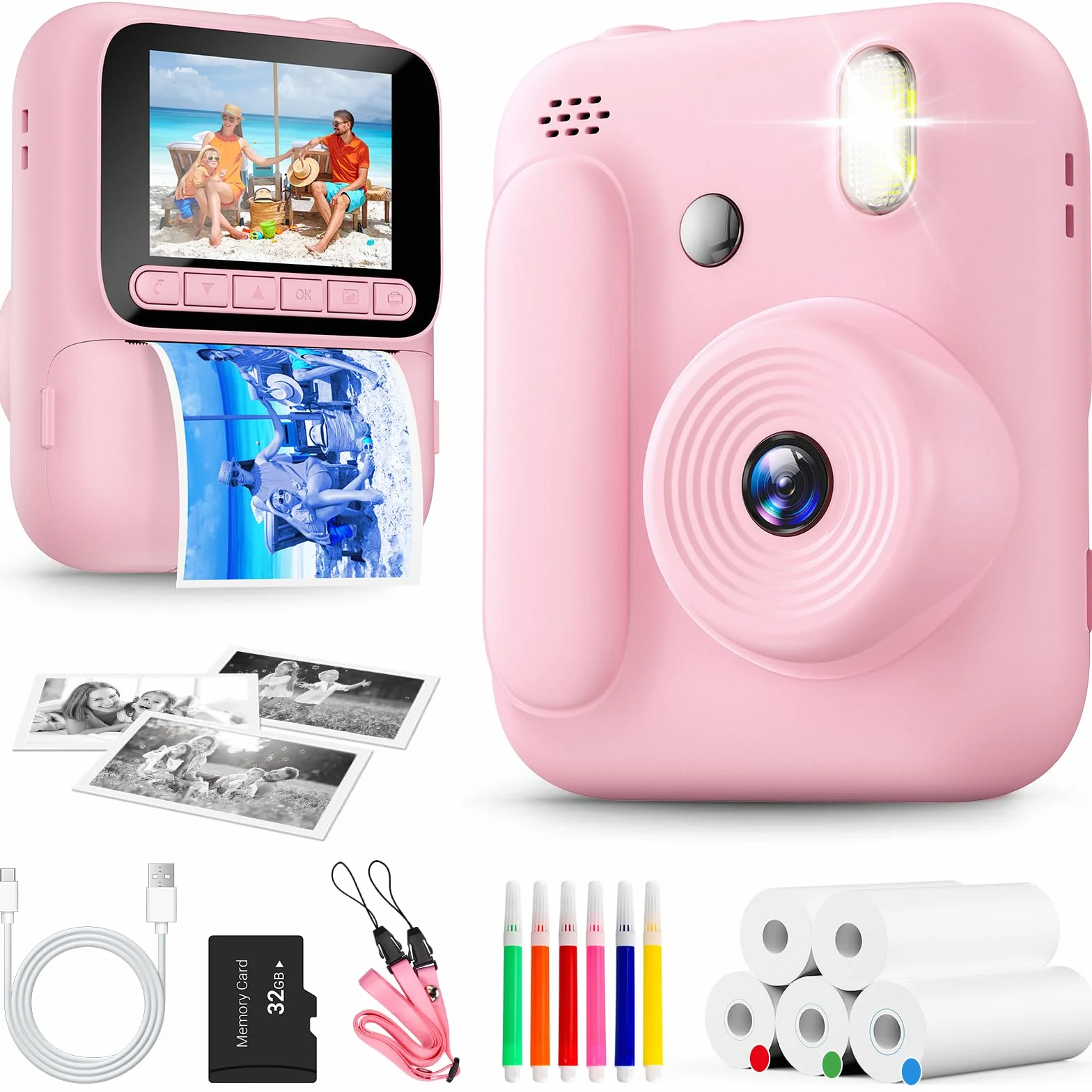 Appareil Photo Instantané Enfants,1080P Appareil Photo Enfant avec 5 Rouleaux de Papier,Carte 32GB et Stylos de Couleur,Appareil Photo Numérique Portable pour Garçons et Filles de 3-14 Ans (Rose)