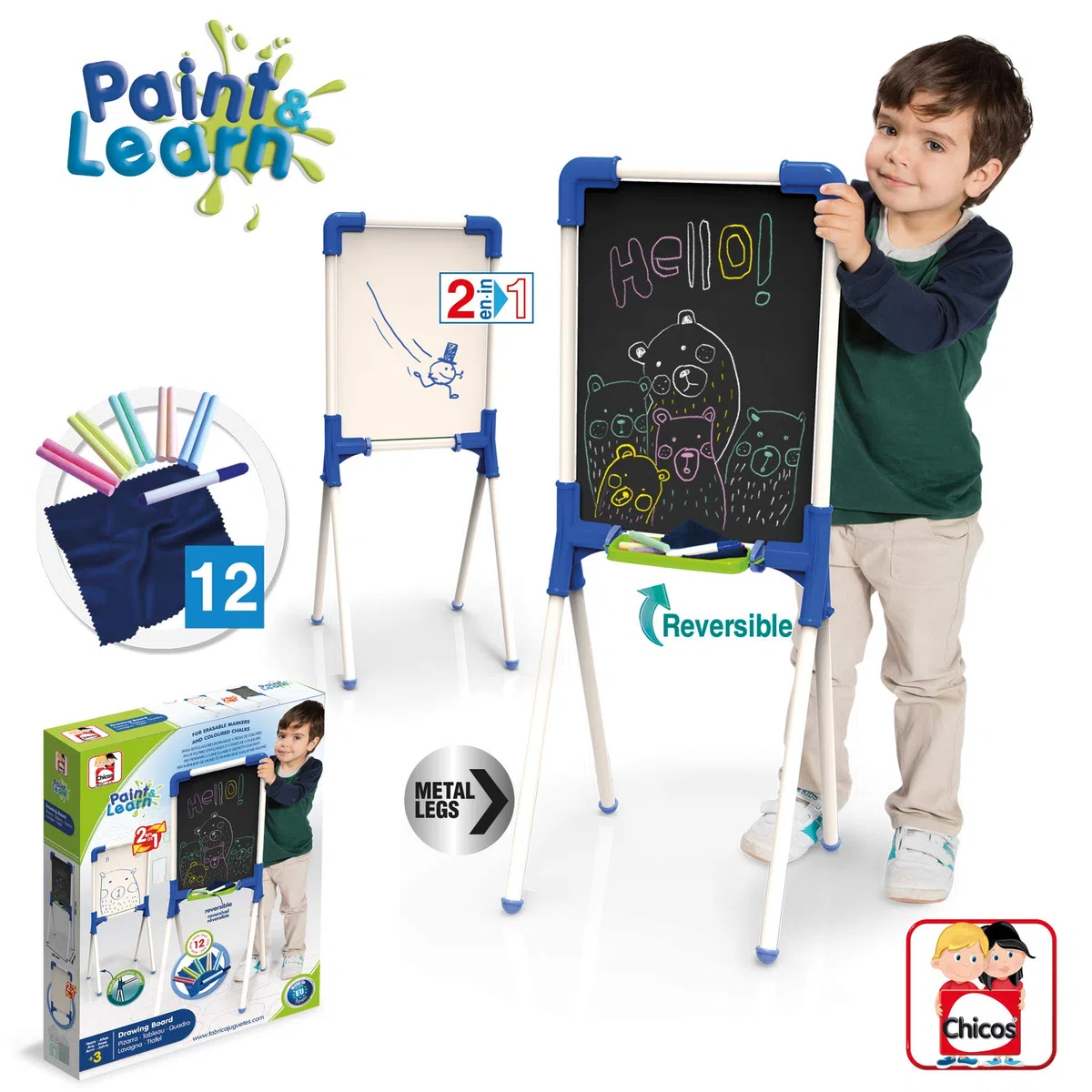 Chicos - Tableau Enfant 2en1 pour feutreseffaçables et craies de coleurs. Inclus 1 feutre et 10 craies. +36 mois (53029)