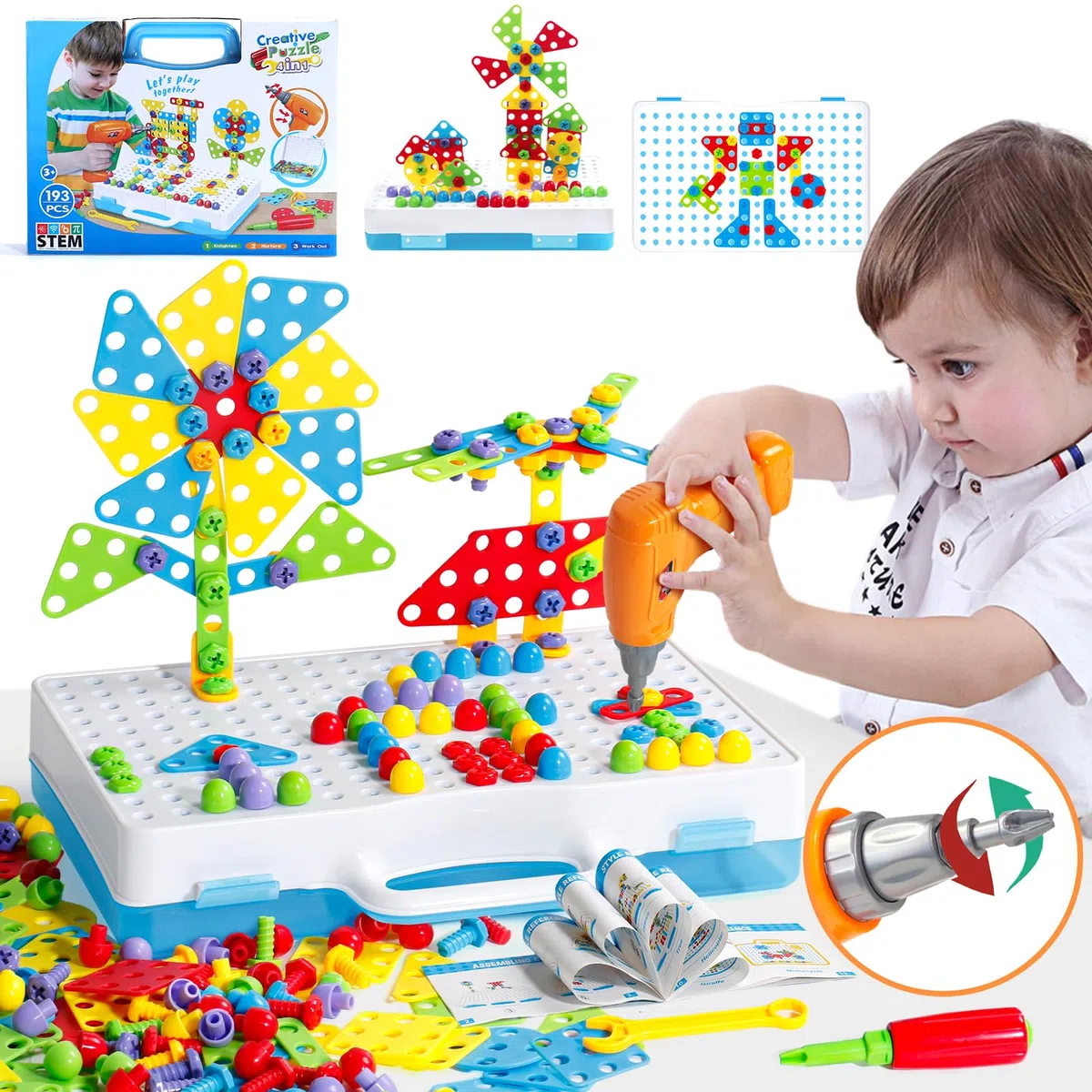 jerryvon Jouet Enfant 3 Ans - Puzzle Enfants 3 Ans Mosaique Enfant Jeux 3 4 5 Ans Etabli Bricolage Puzzle 3D Jeu Construction avec Perceuse Visseuse Jouet Montessori Jeu Cadeau Garcon Fille 3 4 5 Ans