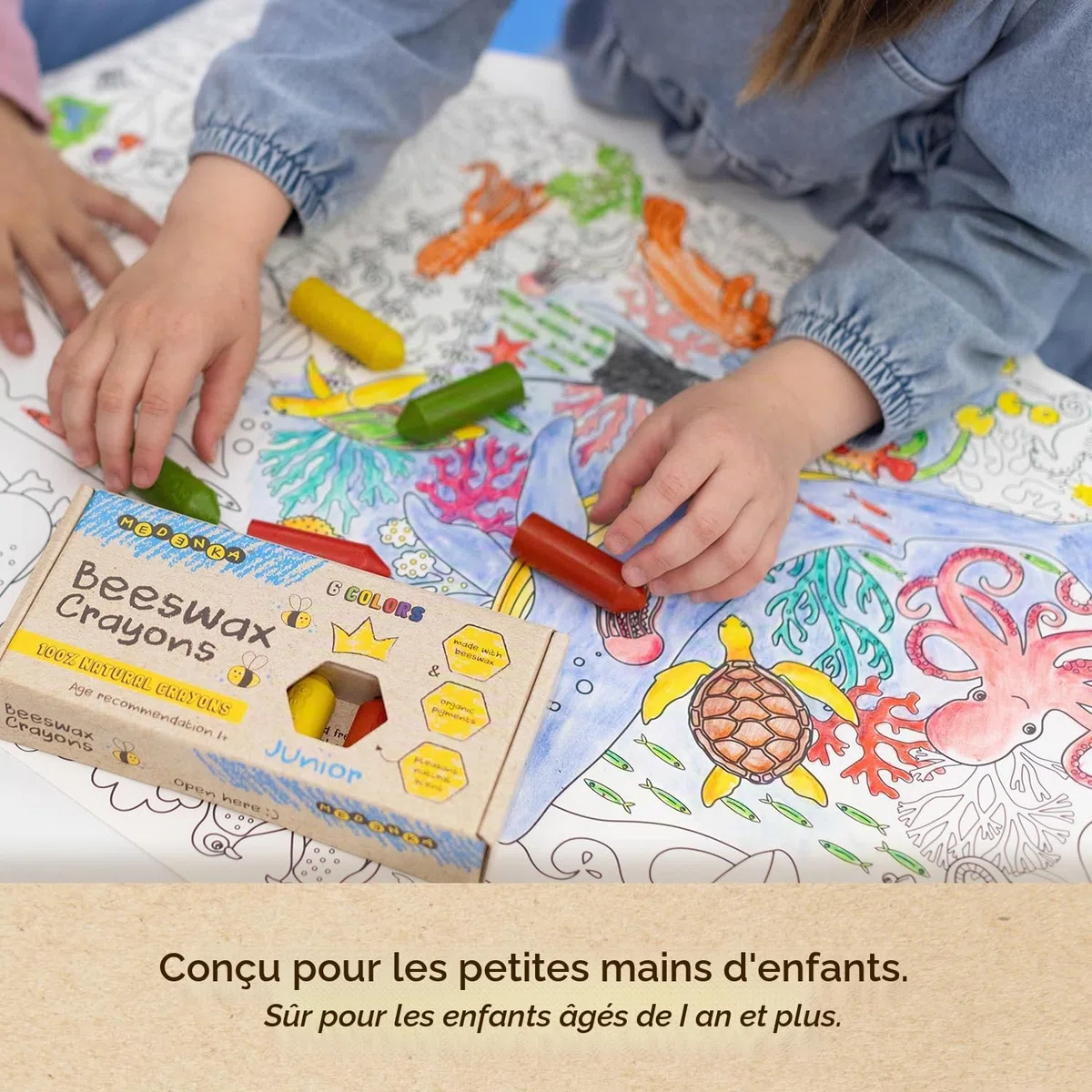Crayons à la cire d'abeille Junior – 6 couleurs – Crayons pour tout-petits – Non toxiques pour les années 1–3 ans – Fabriqué en cire d'abeille européenne