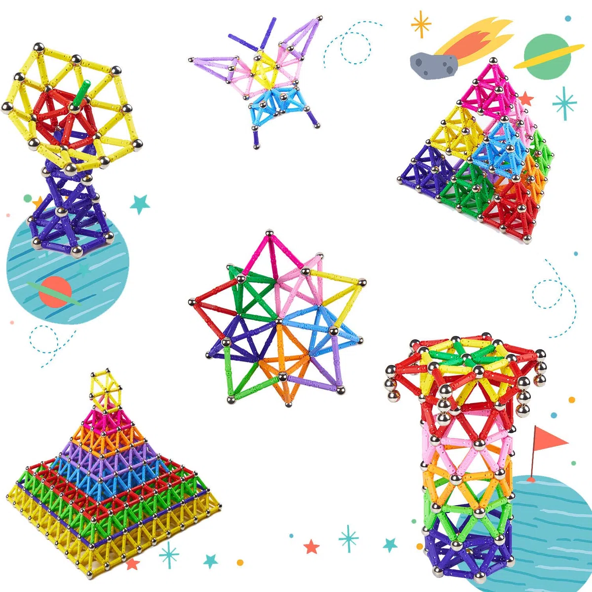 182 Pièces Blocs Magnétique 3D Jouet de Puzzle Jeux de Construction avec Bâtons Colorés Cadeau de Vacances Montessori pour Les Filles et Garçons de Plus de 4 Ans