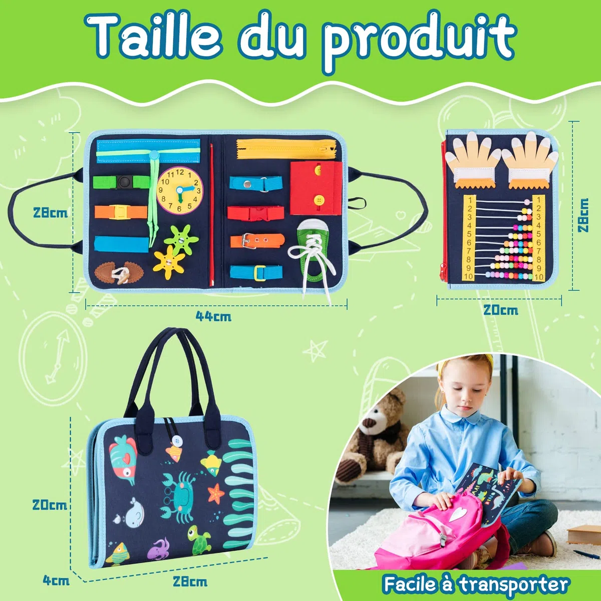 Busy Board Montessori, Tableau Montessori Jouets d'activité et de Développement, Livre Montessori 1 an, Jeux Educatif Apprentissage Préscolaire, Motricité Bébé pour Enfants 1 2 3 4 Ans (Bleu)