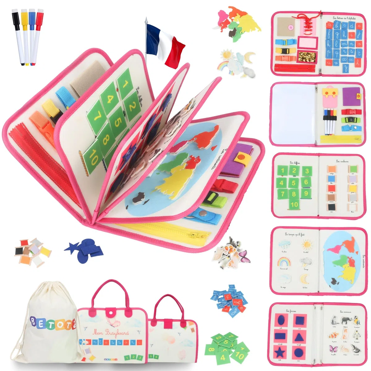 BusyBoard Montessori Français – Livre d’Activités Éducatif & Sensoriel – 2-6 Ans – 10 Pages Interactives – Montessori Authentique – Animaux, Formes, Lettres & Motricité (Rose)