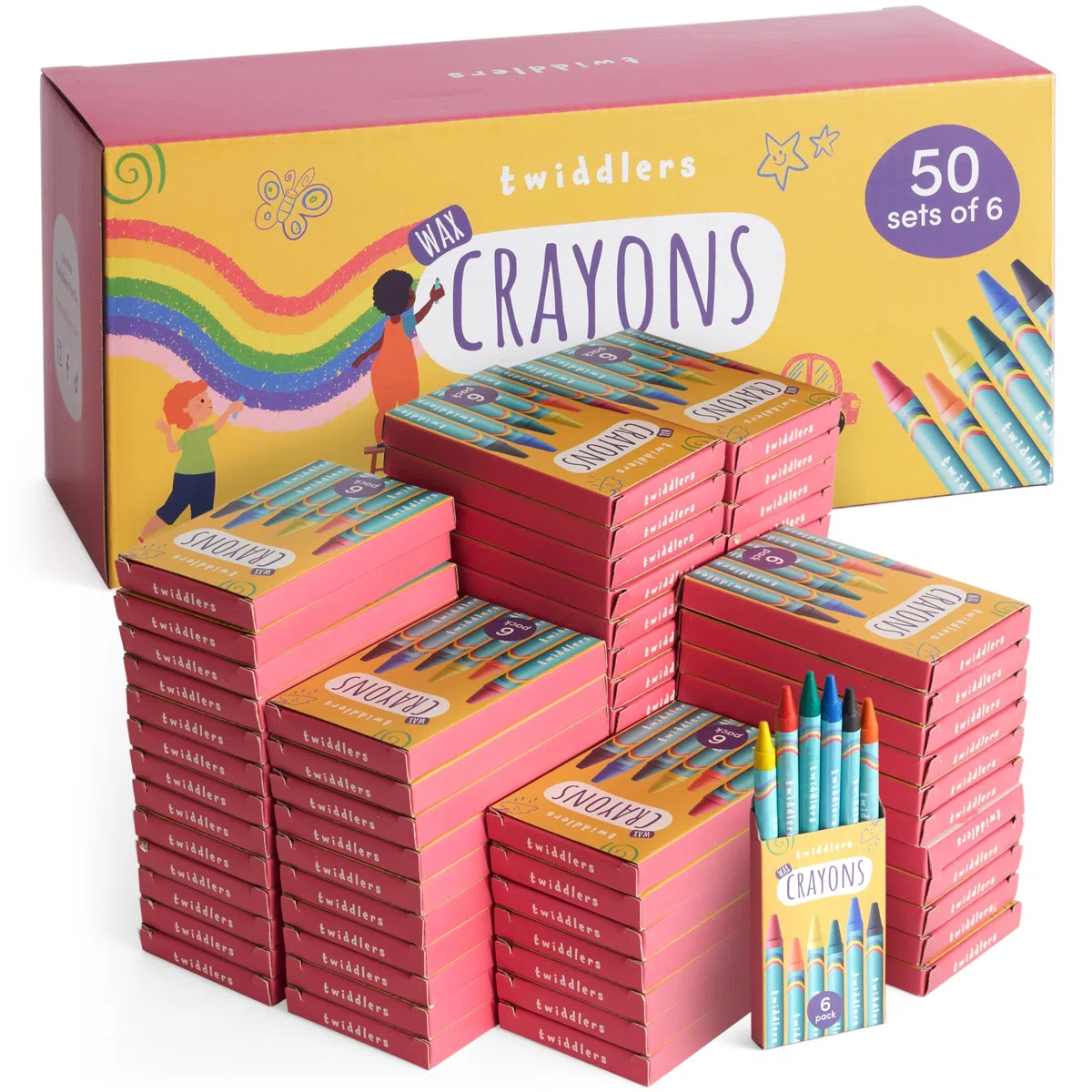 THE TWIDDLERS 50 Boîte de Crayons Cire, 6 Couleurs/Boîte (300 Pièces au Total) - Activité Coloriage, Anniversaire Enfants, École, Pochettes Surprise, Cadeaux Invités