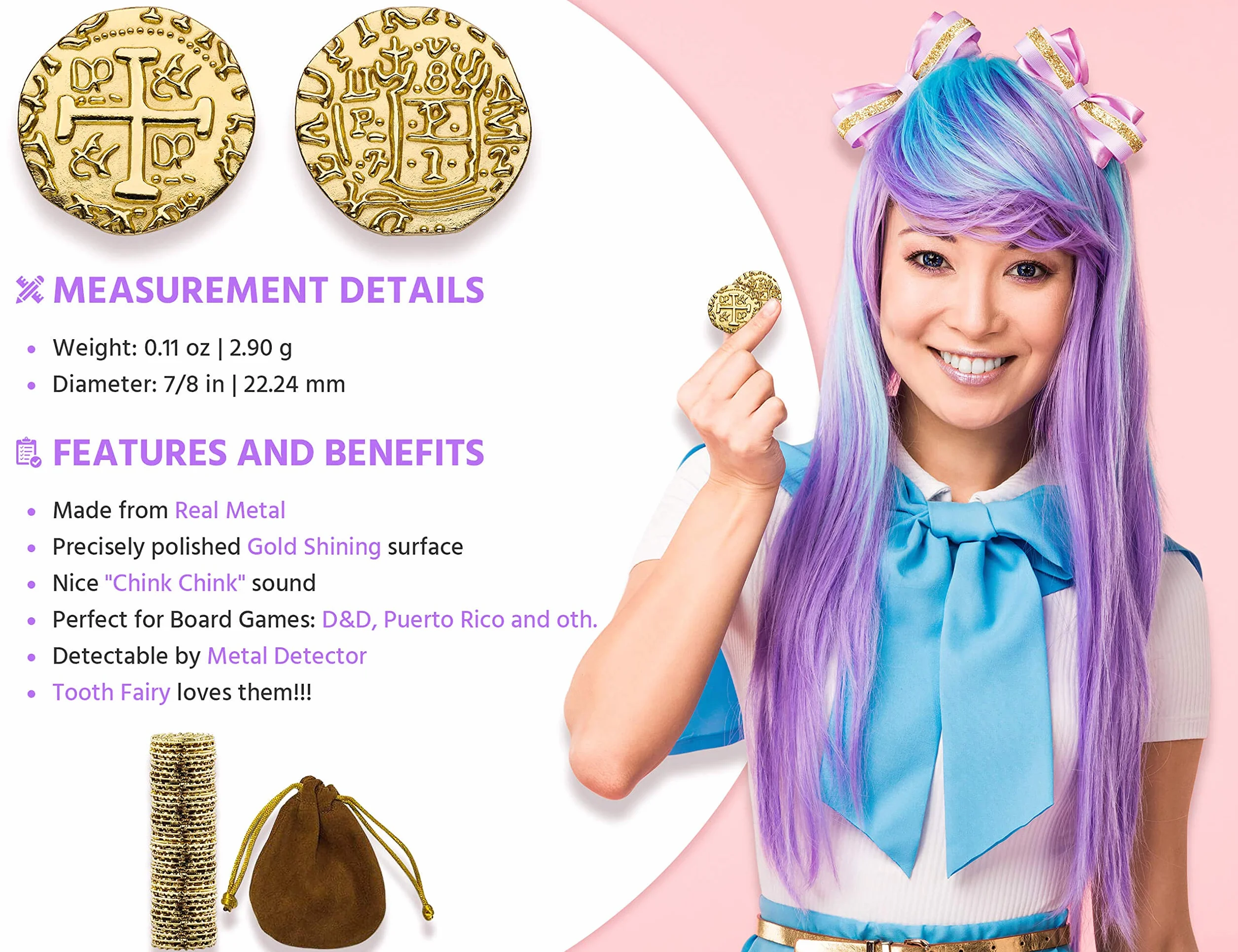 Pièces D'Or Pirate en Métal - 100 Pieces Or Coffre Pirate Trésor, Répliques de Doublons Espagnols En Métal Pour Les Jeux De Société, Les Jetons, Le Cosplay, Coffre Tresor de Jouet Pirate - M taille