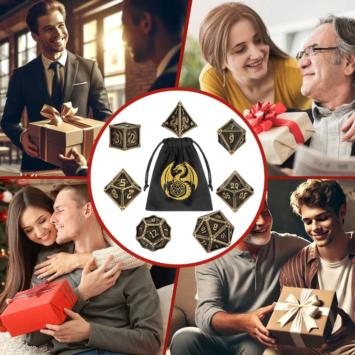 Lot de Dés en Métal DND, Motif de Dragon, 7 Dés Polyédriques en Métal, Accessoires pour Jeux de Rôle et Société, MTG, Cadeaux D&D avec Sac Cadeau, D20, D12, 2 D10 (00-90 et 0-9), D8, D6 et D4, Bronze