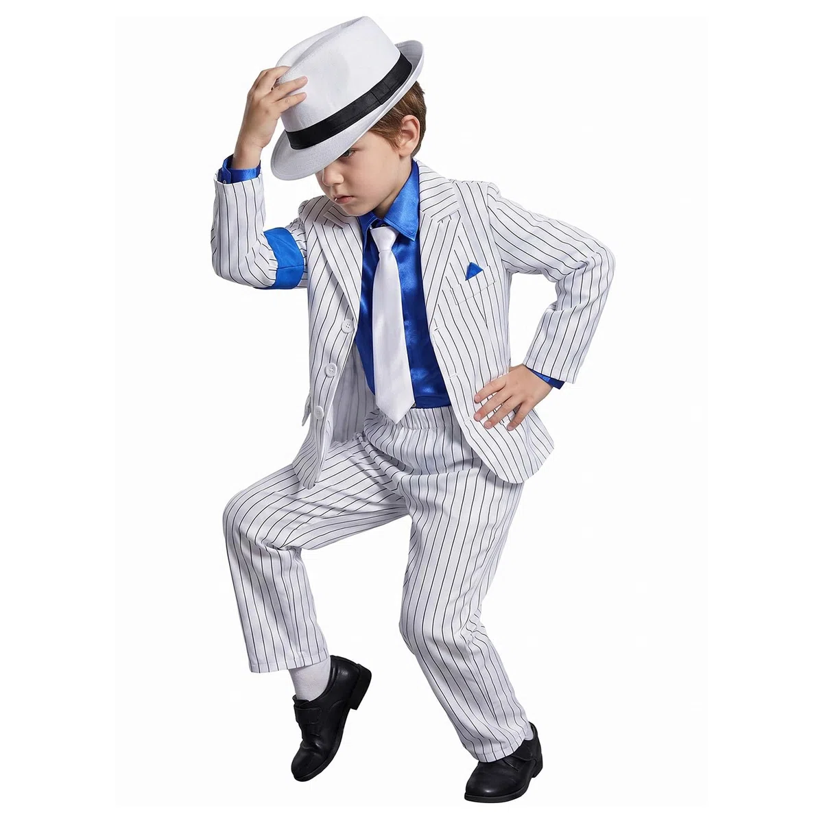 Générique Deguisement Roi de la Pop Garcon - Manteau Rayé Blanc Pantalon Cravate Années 80-90 avec Chapeau, Tenue Moonwalk pour Halloween Fete Spectacle Enfant 6-13 Ans