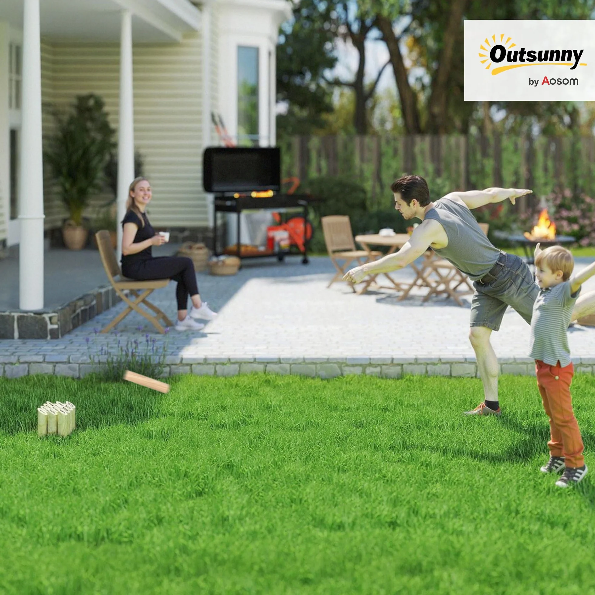 SPORTNOW Jeu de quilles finlandaises, Jeu de Plein air en Bois de pin 12 quilles, 1 bâton et 1 boîte de Transport, Jeux de Plein air pour Adultes, Jardin, Pique-Nique, Plage, fête, Effet Bois Naturel