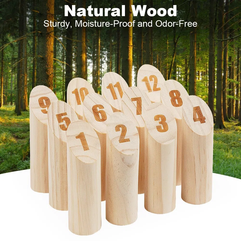 OSDUE 16 Pièces Jeu de Quilles Nordique, Jeu de Plein air Beige Bois Jeux de Plein air pour Adultes Jardin, Pique-Nique, Plage, Fête