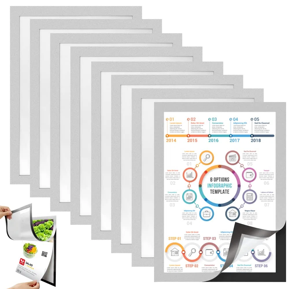 8 PCS Cadre d'Affichage Magnétique A4 en PVC Cadre d'Information Autocollant Pochette Adhésive A4 de Fermeture Magnétique pour Affiches Publicitaires, POS, Enseignes, Photo,Documents(Argent)