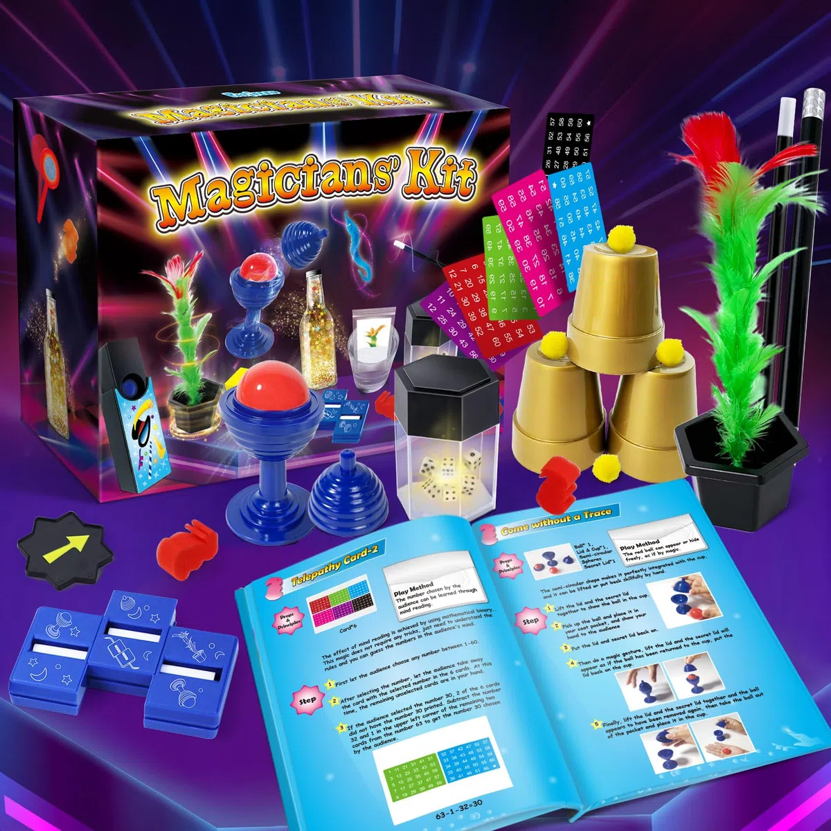 PATIFEED Kit de Magie, 50+ Tours de Magie pour Enfants avec Instructions pour Chaque Tour à Réaliser, Set de Magie pour Filles Garçons Débutants