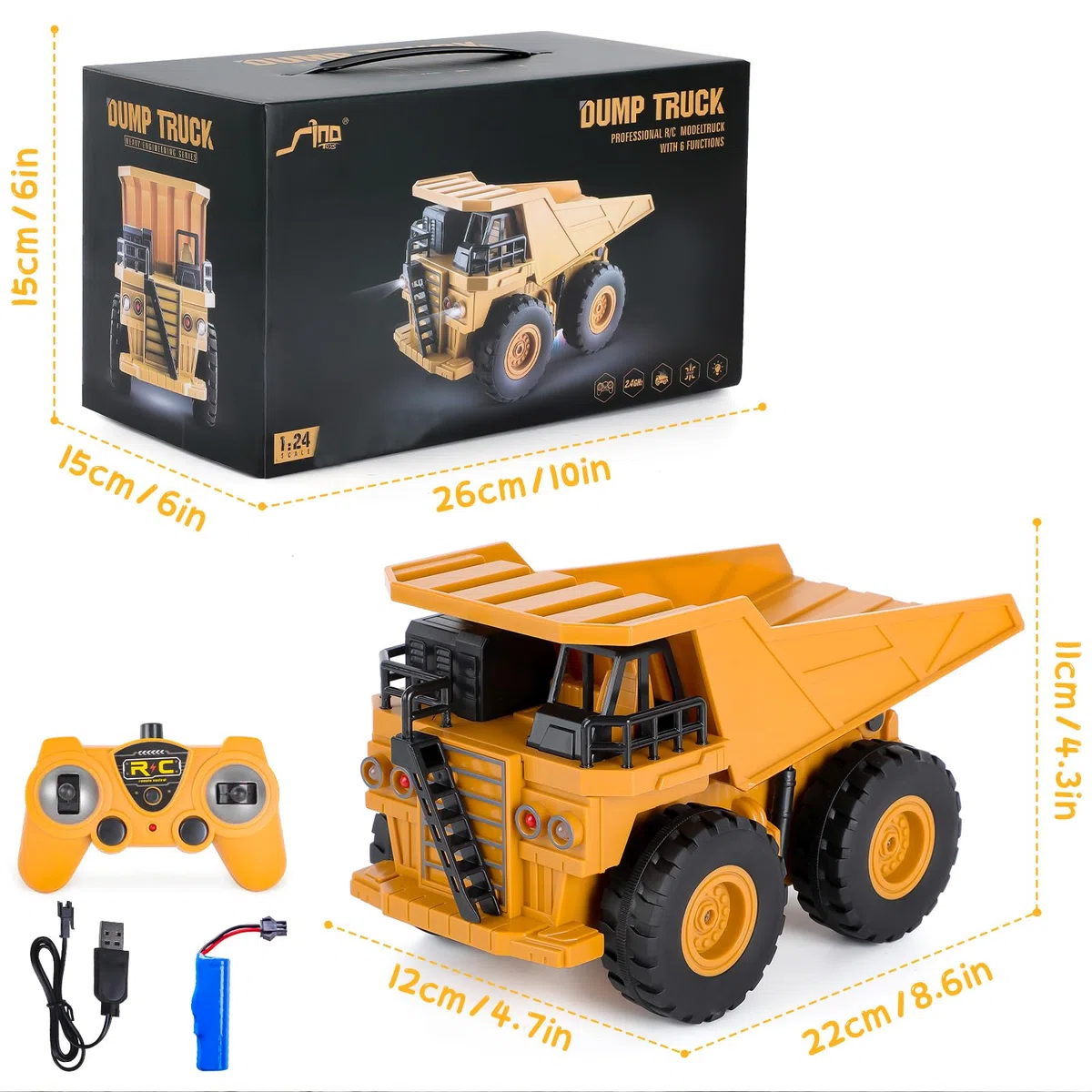 Highttoy Camion Benne Télécommande Enfant, Jouet Camion Poubelle 6 Canaux Échelle 1:24 Véhicule de Chantier Télécommandée avec LED et Son