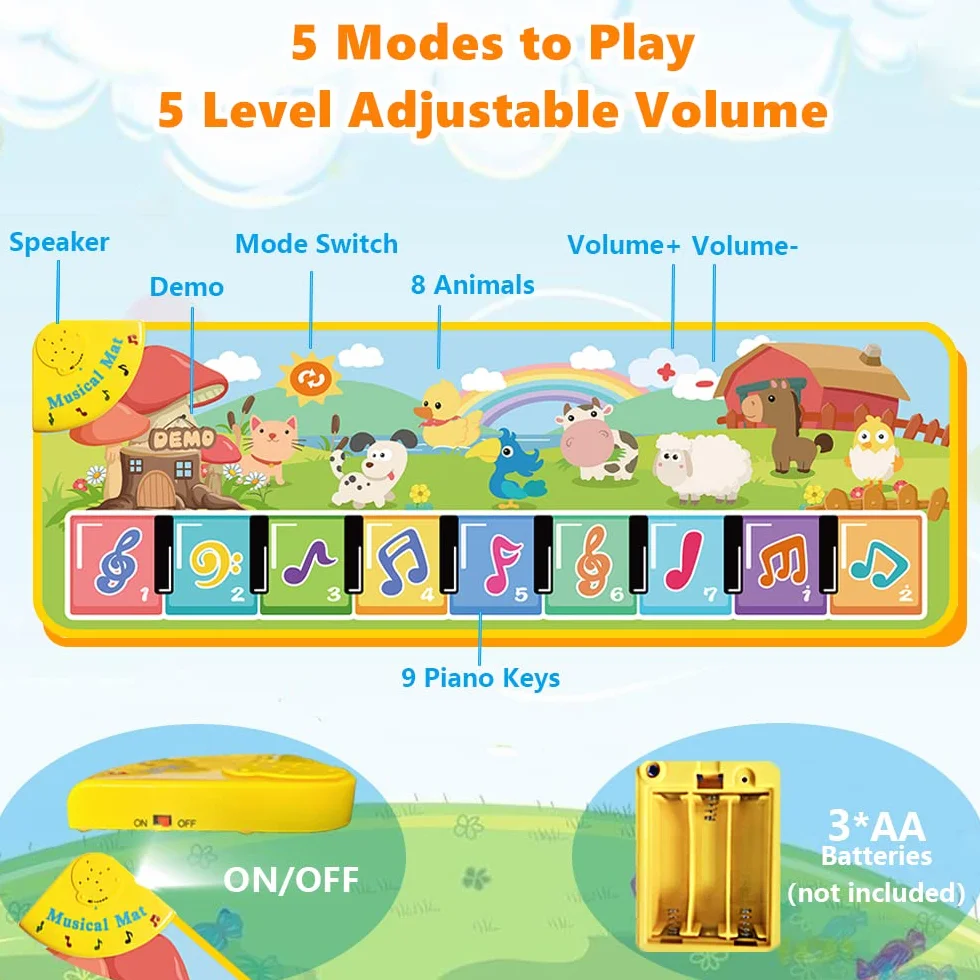Lobyoh Tapis Musical Tapis Piano Enfant avec 8 Animaux, Tapis de Danse, Tapis de Jeu Musique, Cadeaux d'anniversaire, Jouets Musicaux pour Bébés Garçons Filles