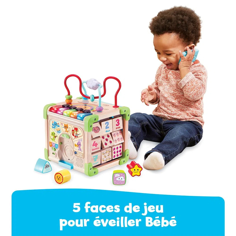VTech - Cube Nature Interactif Multi Activité, Cube d’Activités Bébé, Jouet d'Éveil Sensoriel Partiellement en Bois, Trieur de Formes, Piano Lumineux, Cadeau Bébé Dès 9 Mois - Contenu en Français