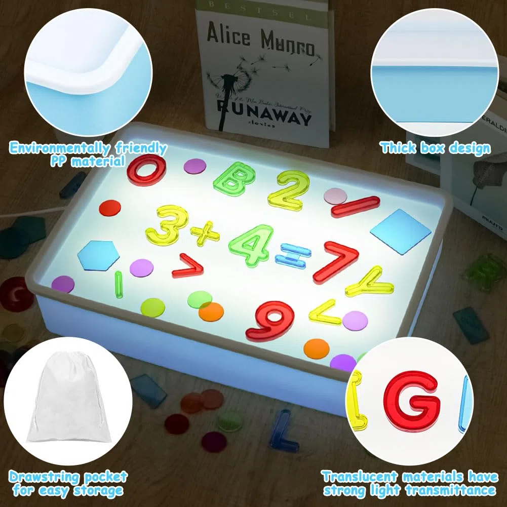 Vicloon Jouets Sensoriels pour l'Autisme, Table Lumineuse Sensorielle et Accessoires,Light Box Bleu avec 151 Lettres, Symboles Mathématiques et Géométrie, Jeux pour l'Autisme Enfants