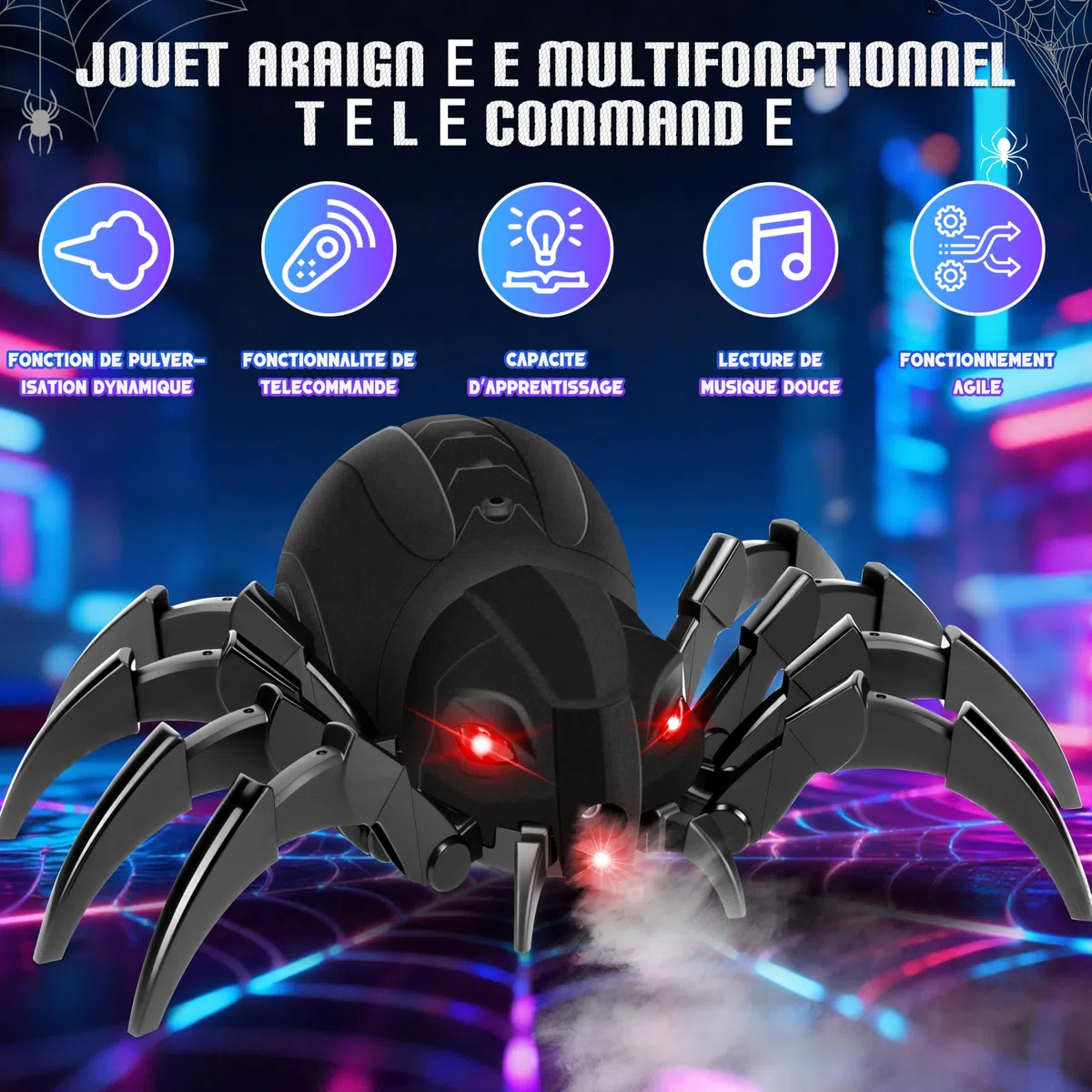 MOMOSTAR 2.4GHZ Araignée Télécommandée Jouet Enfant 6-12 Ans Garcon Fille, Fonction Spray, Yeux Lumineux Et Plusieurs Modes Musicaux Anniversaire Cadeau Enfant 6-12 Ans Garcon Fille Jeux
