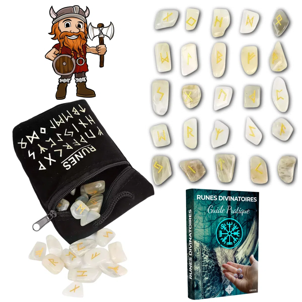 Majestic's Runes Divinatoires Vikings - Pack de 25 Runes en Pierre DE Lune Naturelles Gravées (2cm x 1cm) + Sac Noir + Ebook Pratique (PDF) - Alphabet Runique Futhark Parfait pour Divination, Voyance